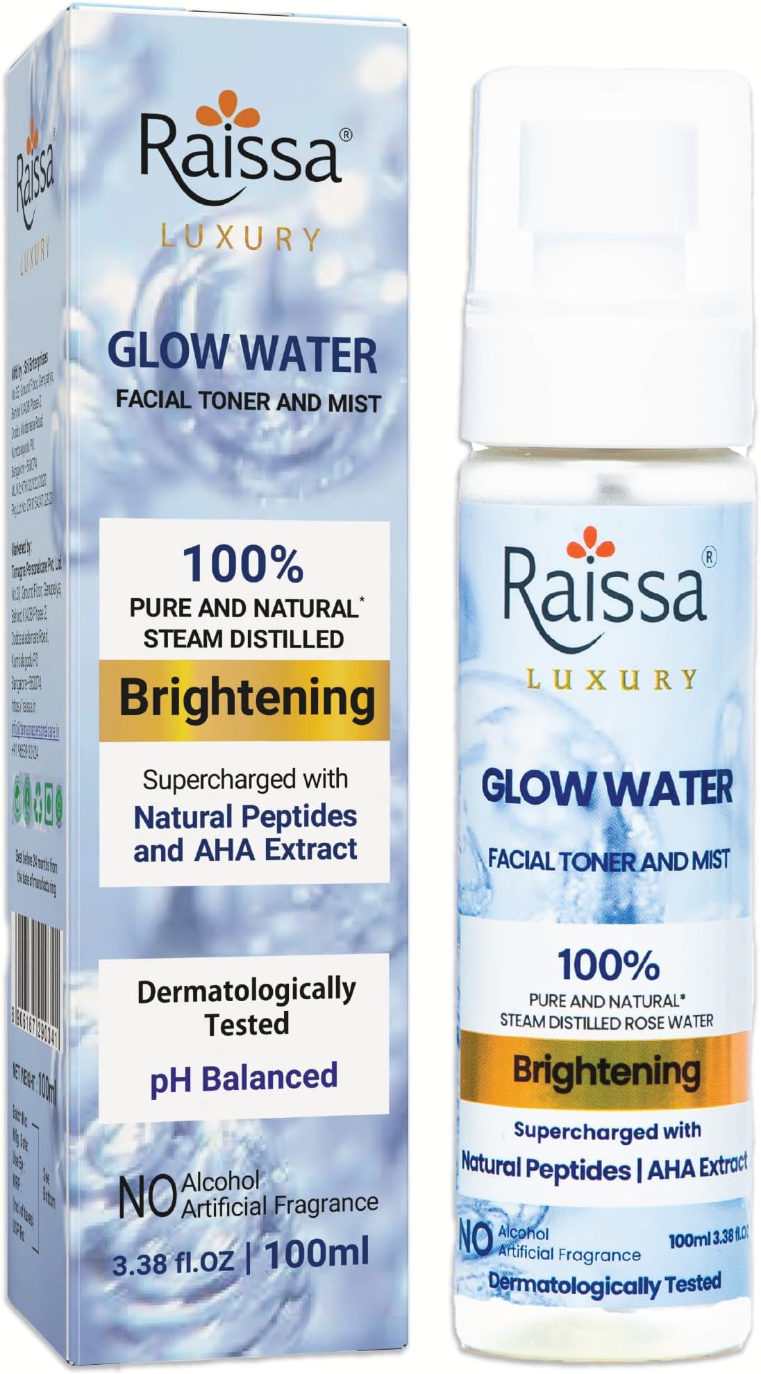 Raissa Glow Water Toner & Mist for Face, 100ml | 4D Hyaluronic Acid, Natural Peptides & Rose Extract | Hydrating, Pore Tightening, pH Balanced | Alcohol-Free Toner Spray for All Skin Types – Men & Women