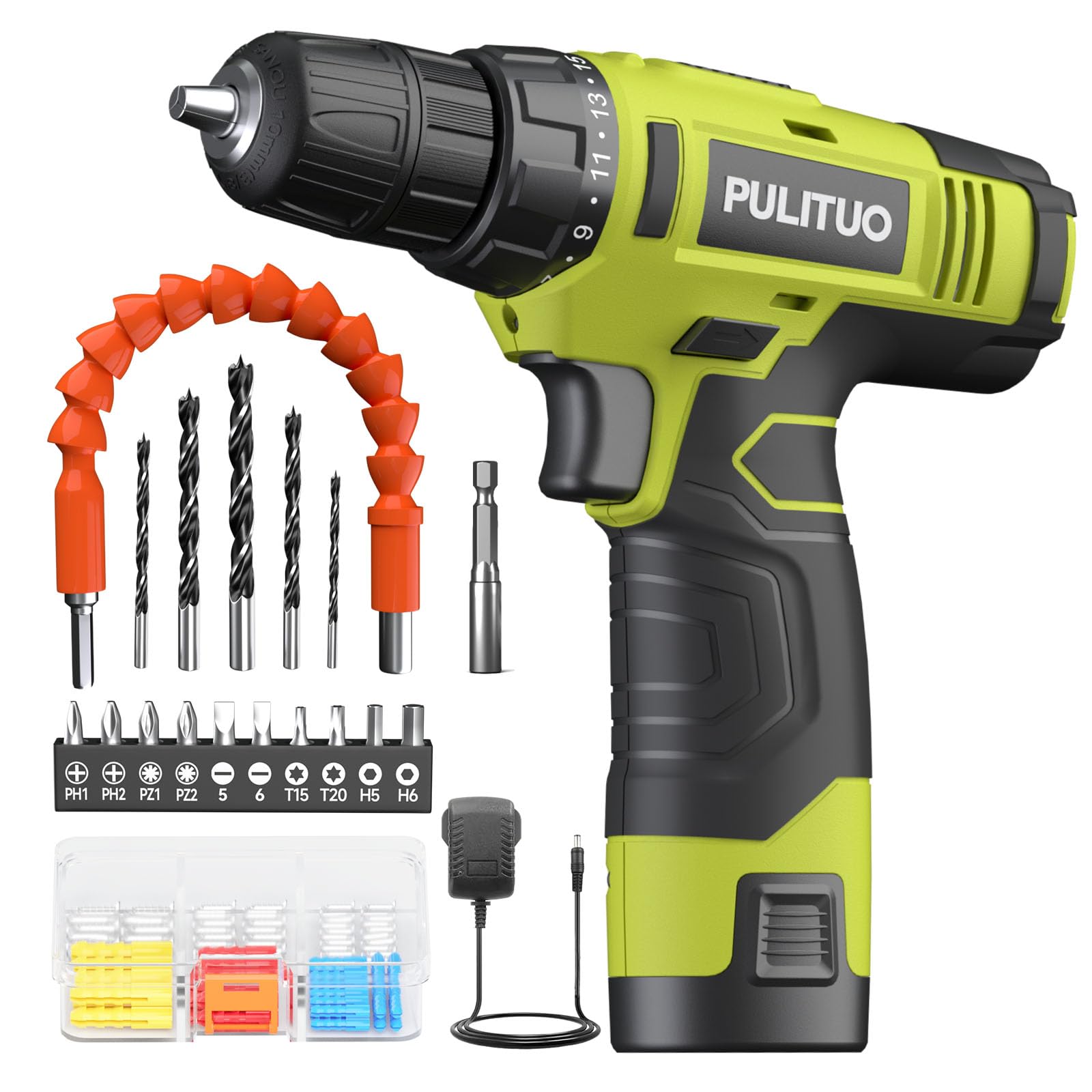 PULITUO 12V Cordless Drill, Powerful Drill Bit Sets with Li-Ion Battery, 21+1 Torque Adjustment, 3/8" Inch Keyless Drill Chuck, Electric Drill.