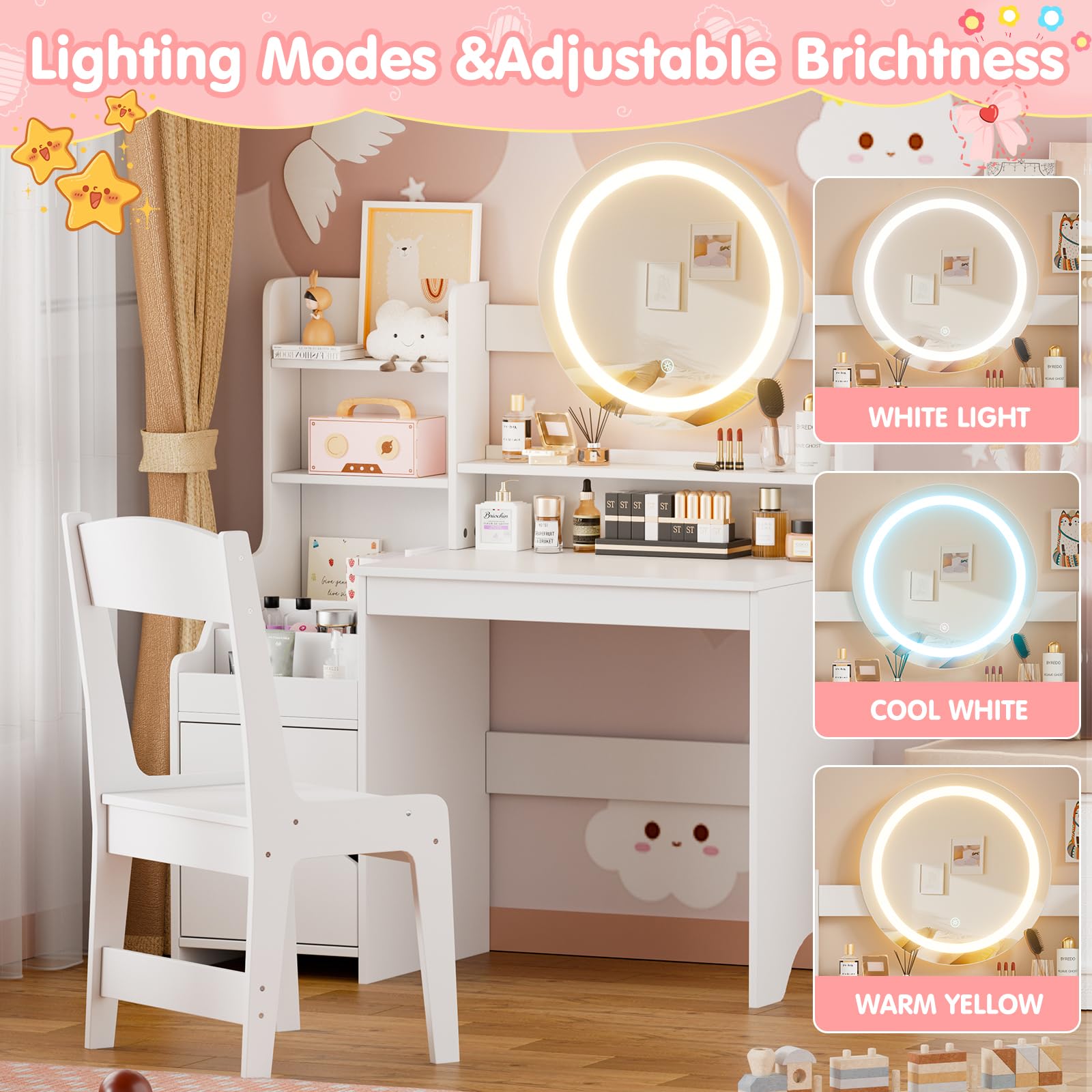 MSFE 2 in 1 Schminktisch Kinder Set, Kinderschminktisch Prinzessin Frisiertisch mit Hocker, LED-Spiegel & Stauraum Schrank, Frisierkommode Mädchen Holz ab 5 mit offenen Fächern (Weiß)