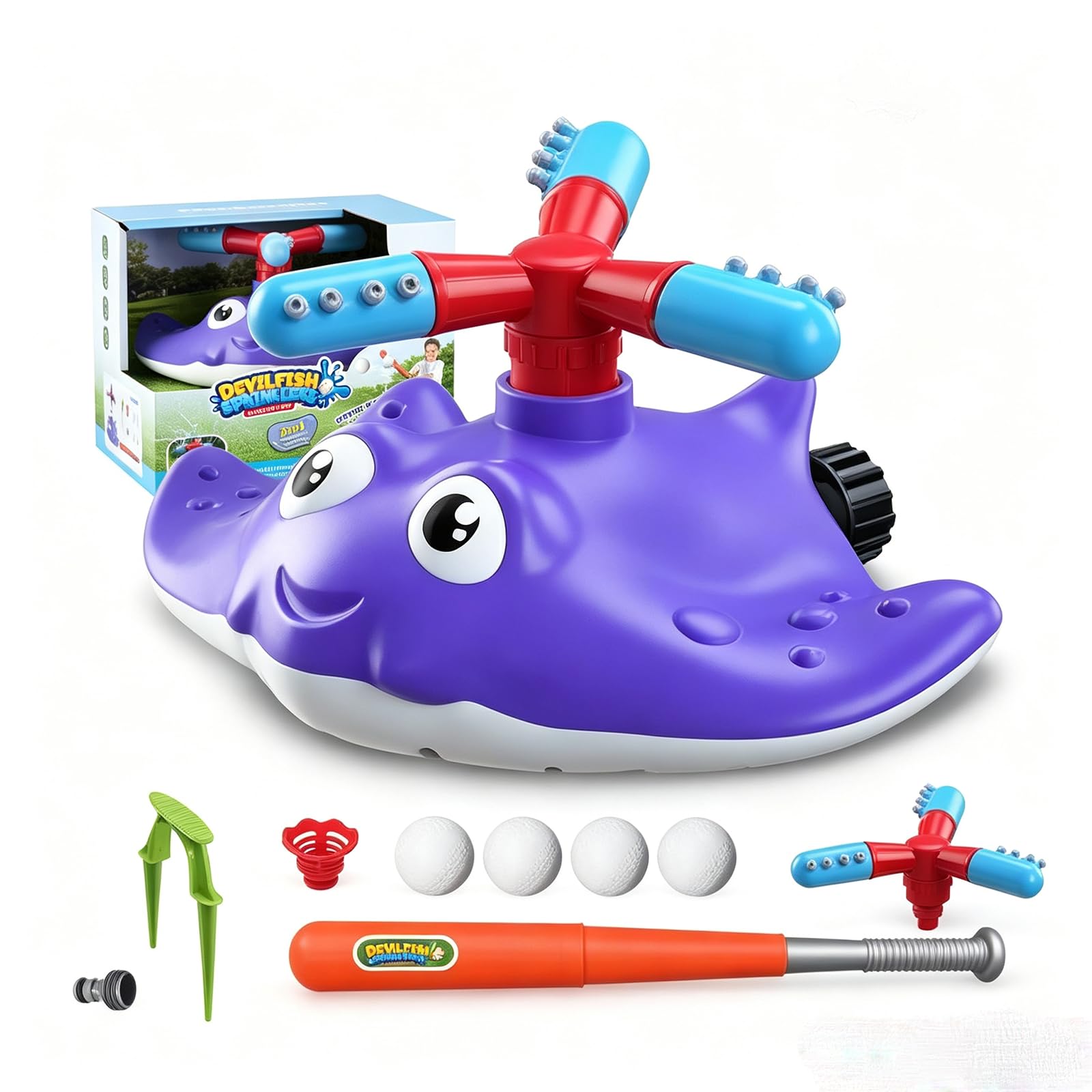 Xerteam Wasserspielzeug Kinder, Sprinkler Wasser-Spielzeug für Kinder, Garten Wasser Twister Sommer Splash Spielzeug für Junge und Mädchen 3-12 Jahre (Purpurroter Teufelsfisch)