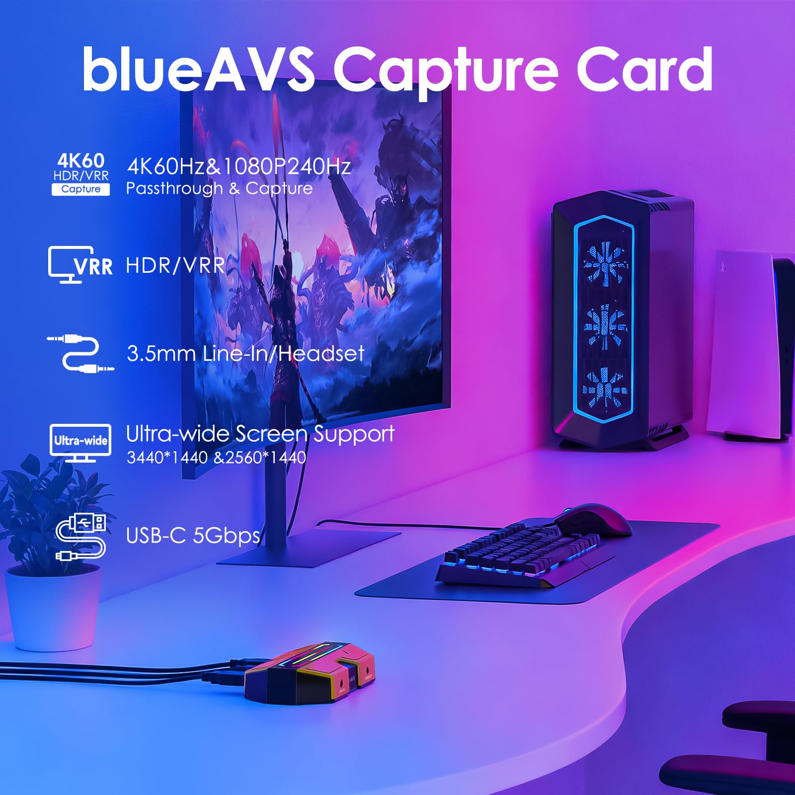 Scheda di acquisizione video HDMI 4K/60Hz e 1080P/240Hz, USB 3.0 Scheda di acquisizione giochi esterna per PS5/Xbox/Switch, Plug and Play per PC e Mac, registrazione e streaming su OBS