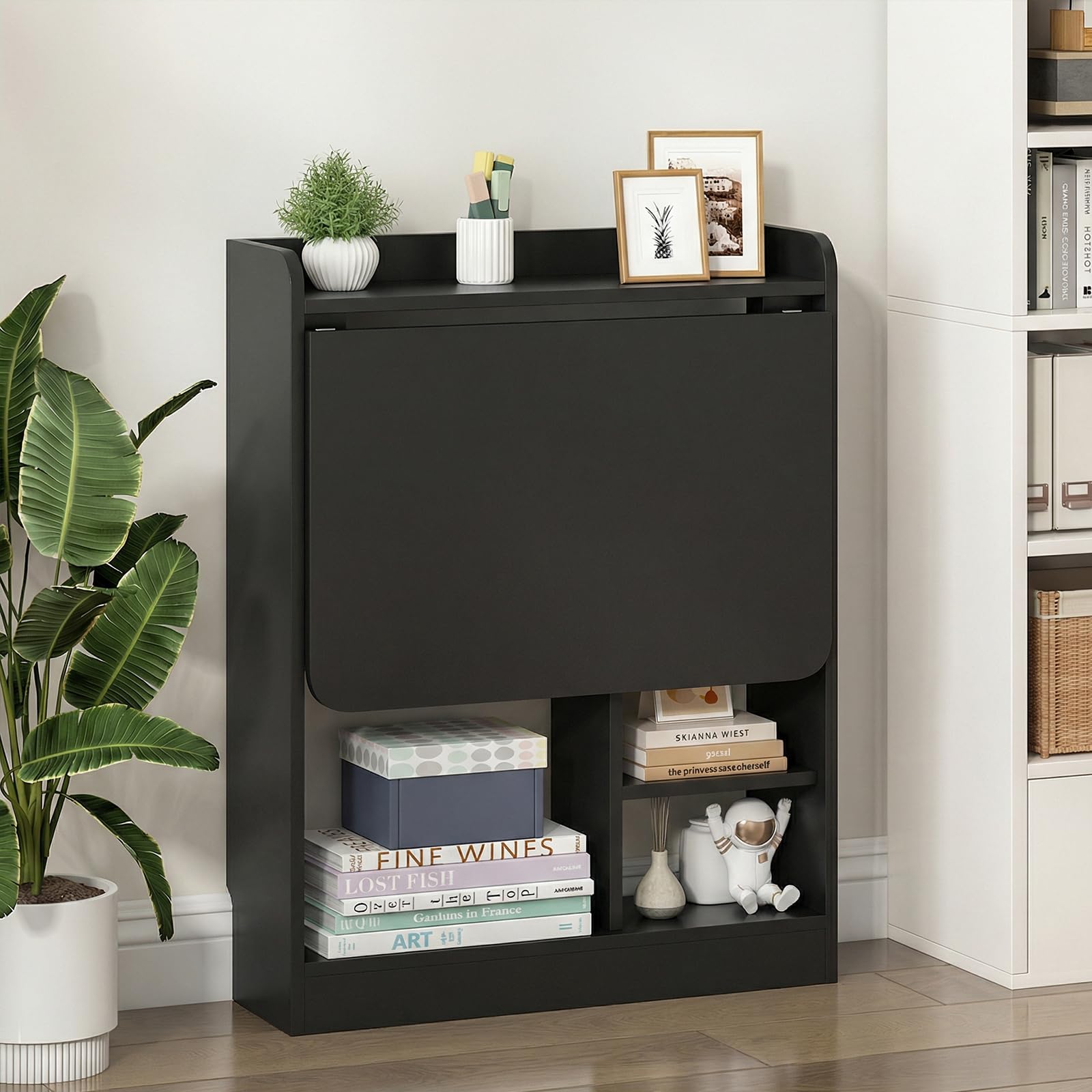 Schreibtisch Klappbar, Wandschreibtisch mit Ablagen & Regalfächern, Schwebender Laptoptisch & Klappbarer Wandtisch, Platzsparender Computertisch für Homeoffice & Büro, 64x20x82cm (Schwarz)