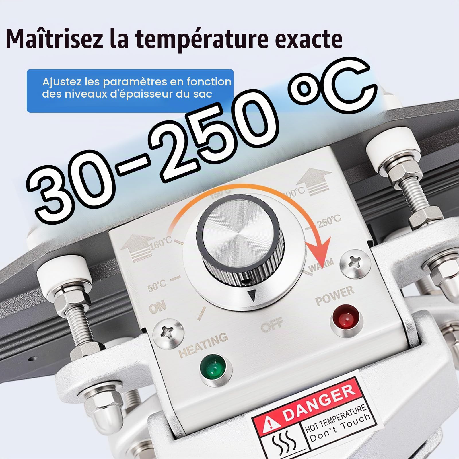 Scelleuse Thermique Professionnelle 300W - 30-250°C Réglable,220V EU Scelleuse à chaleur directe Cachetage,pour Alimentaire/Emballage(Bleu)
