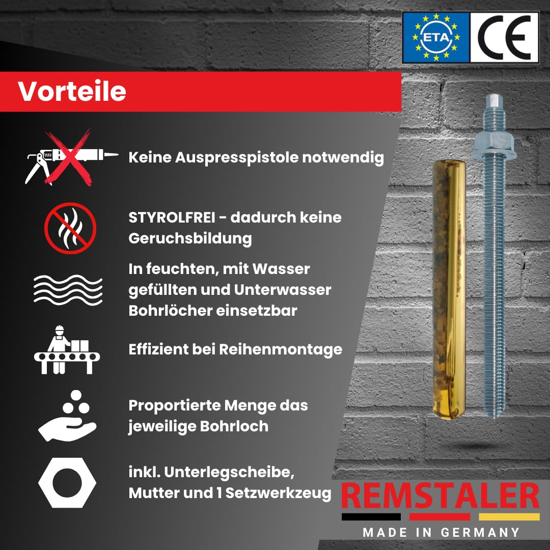 50x Remstaler VERBUNDANKER + ANKERSTANGE im SET | Stahl verzinkt | M8 M10 M12 M16 M20 | -HÖCHSTE QUALITÄT- direkt vom Hersteller (M20x300)