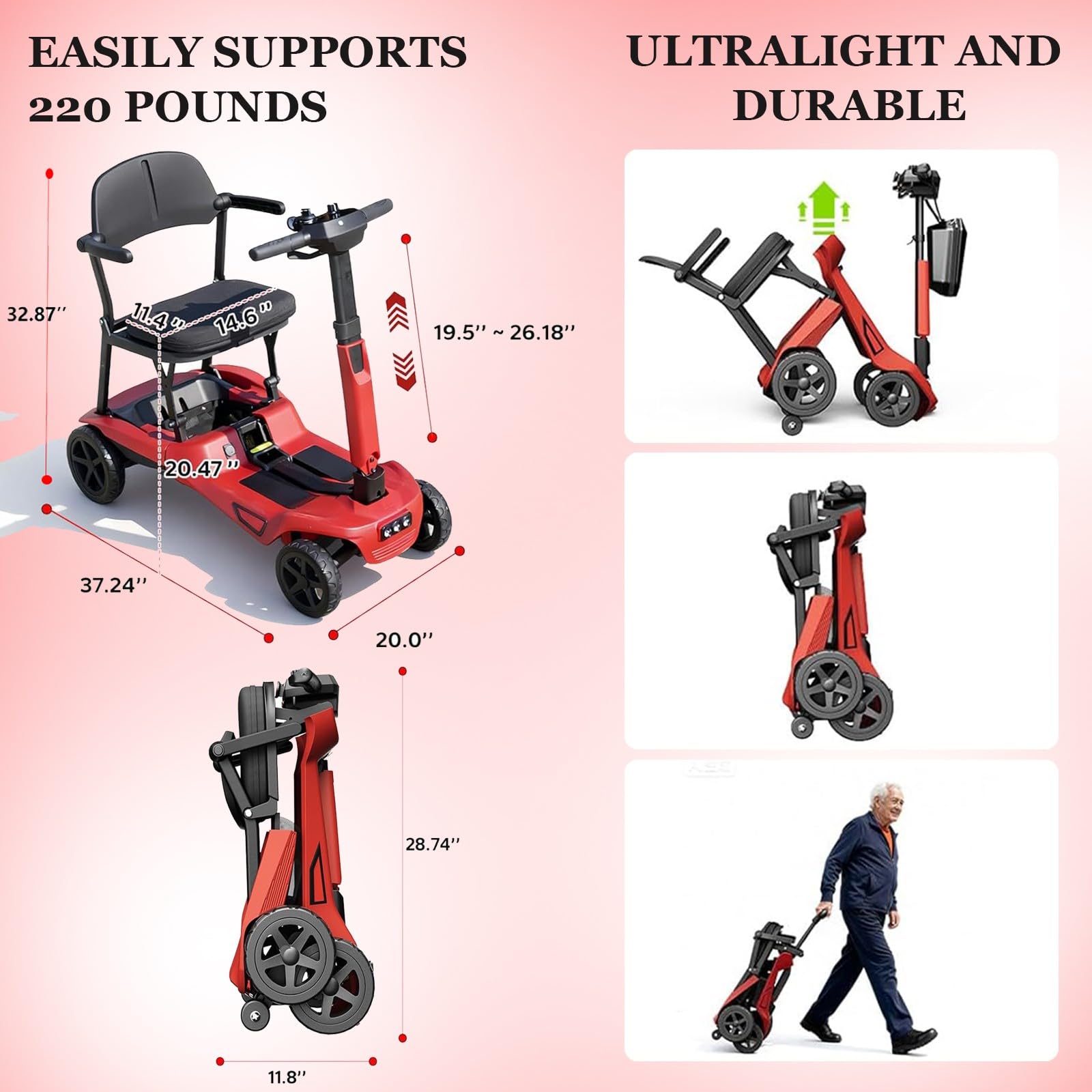 Scooter De Mobilité Pliable Scooters pour Seniors Équipé De Deux Batteries Au Lithium De 6,6 Ah Limite De Poids 100 Kg Pliable pour Un Transport Facile Red