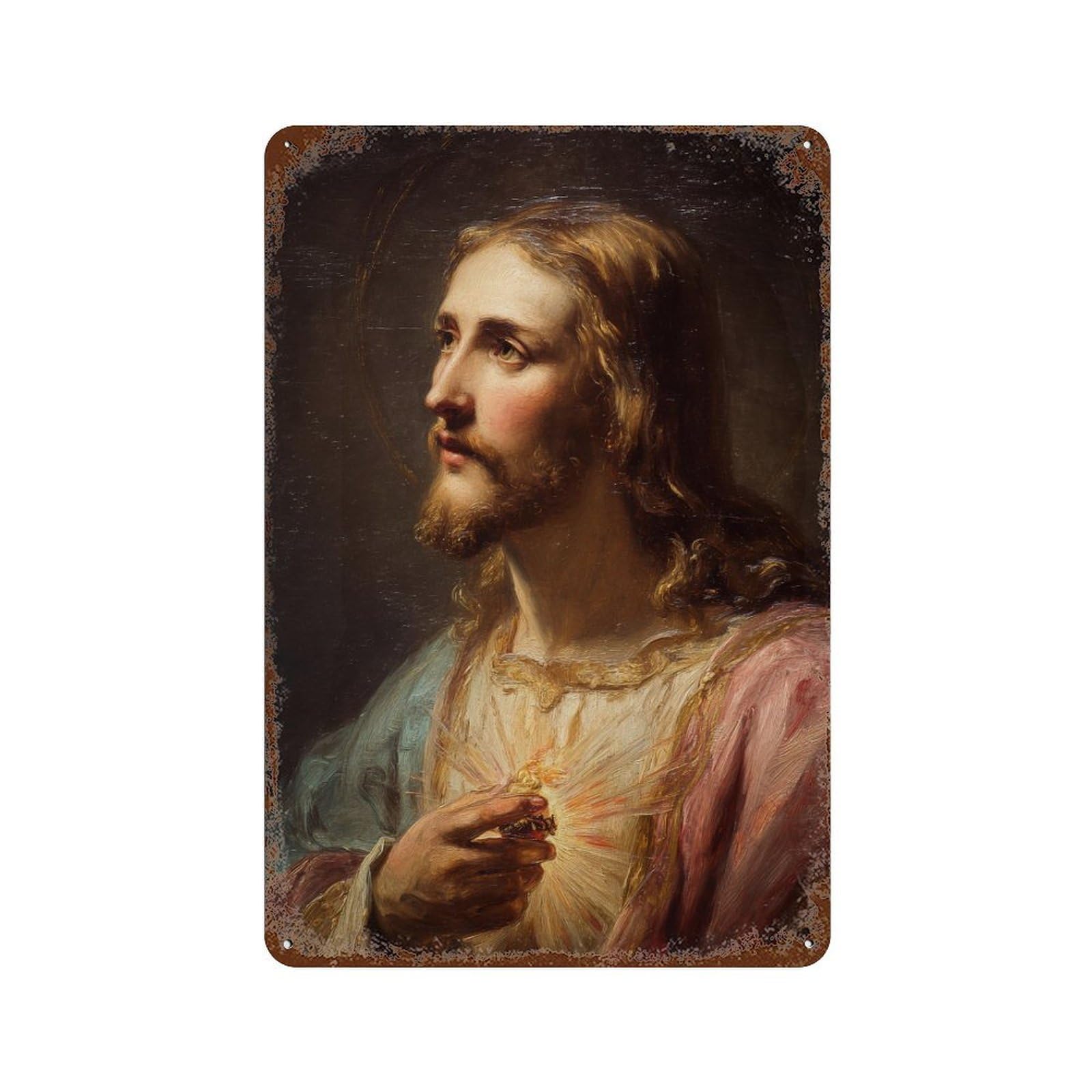 Garage Style Sacred Heart of Jesus Painting Weathered Tin Sign 11.8"x7.9", Farmhouse Wall Decor for Bar And Workshop