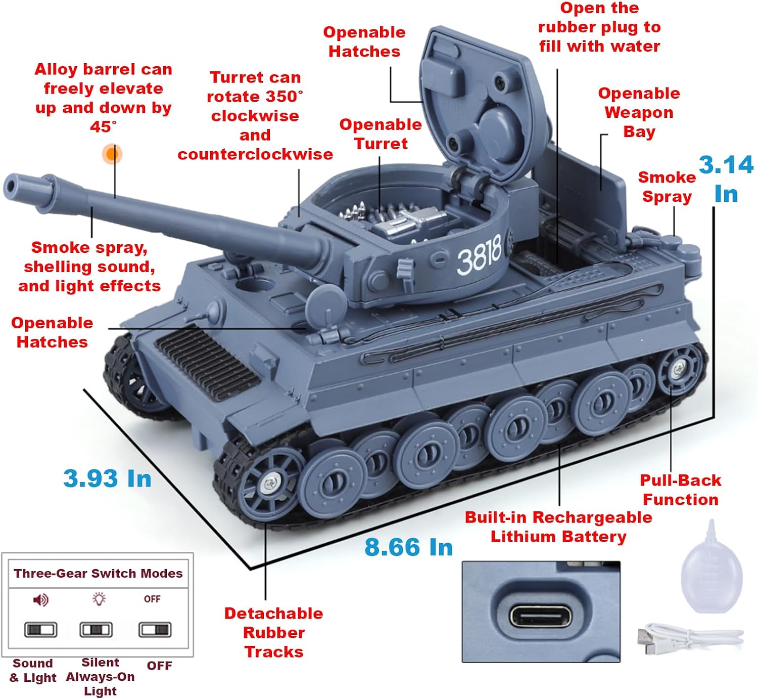 Diecast Tiger I Tank Toy, Smoke Spray, Pull-Back, Light and Sound, Age 6+ | WW2 German Army Model, Rechargeable Battery for Kids Boys