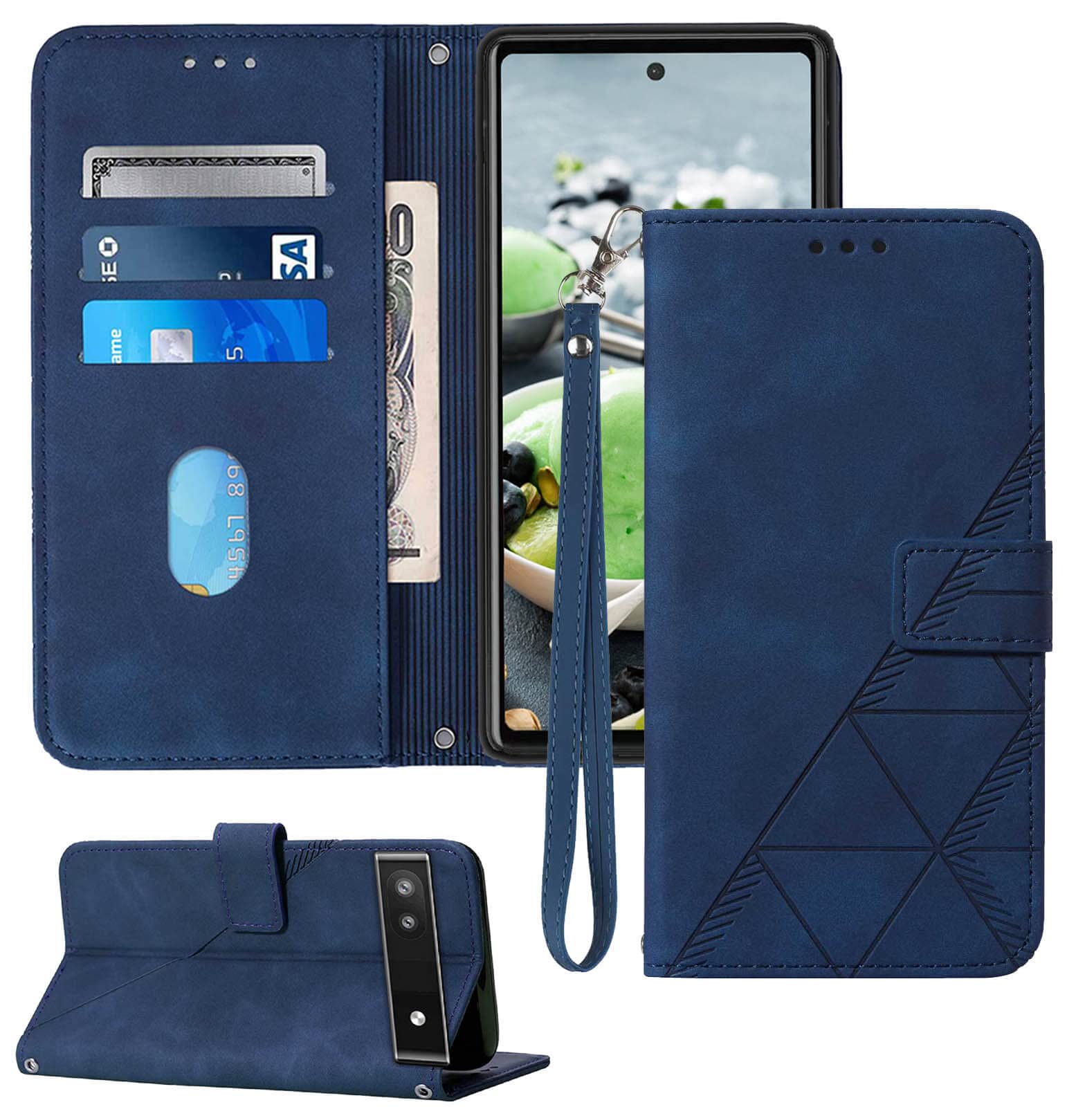 Moment Dextrad for Google Pixel 6a Case Wallet, Card Holder Slots Wrist Strap TPU Interior Protective, Stand PU Leather Folio Flip Cases Cover (Blue)
