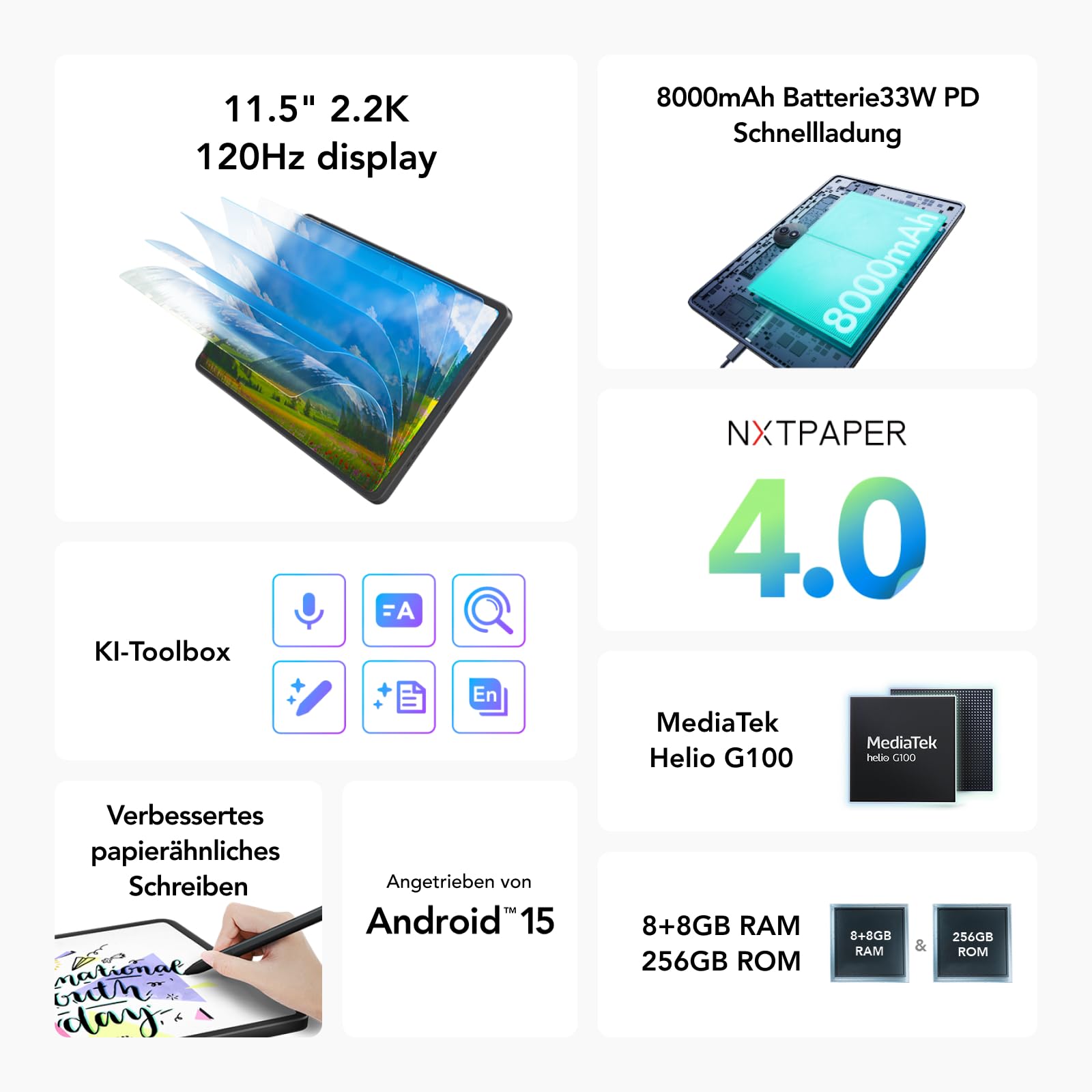 TCL NXTPAPER 11 Plus Tablet, 11,5" 2.2K NXTPAPER 4.0 Display, integrierte KI, 256 GB ROM, 8 GB + 8 GB RAM-Erweiterung, 8000-mAh-Akku, Schnellladung, Android 15, Dunkelgrau