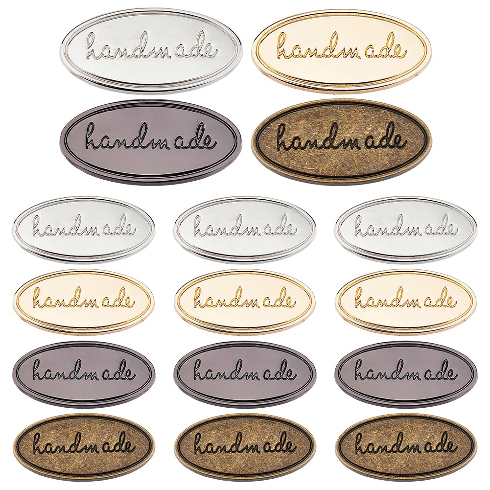 SUPERFINDINGS 16 Sets 4 Colors Handmade Metal Labels 2x4cm Multiple Colors Purse Tags Oval Iron Tags Handmade Label Tags Hand Made Printed Signs Label for DIY Gift Purses Bags Sewing Crafts