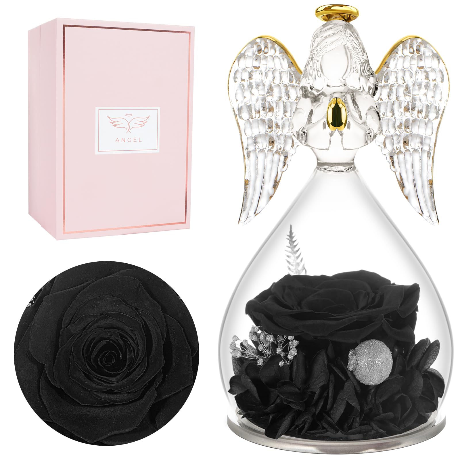 Miofula Gifts for Mom Birthday Gifts for Women, Preserved Flowers Rose in Glass Angel Figurines, Fresh Flowers for Delivery Anniversary Forever Real Roses Gifts for Mothers Grandma Her Wife Girlfriend
