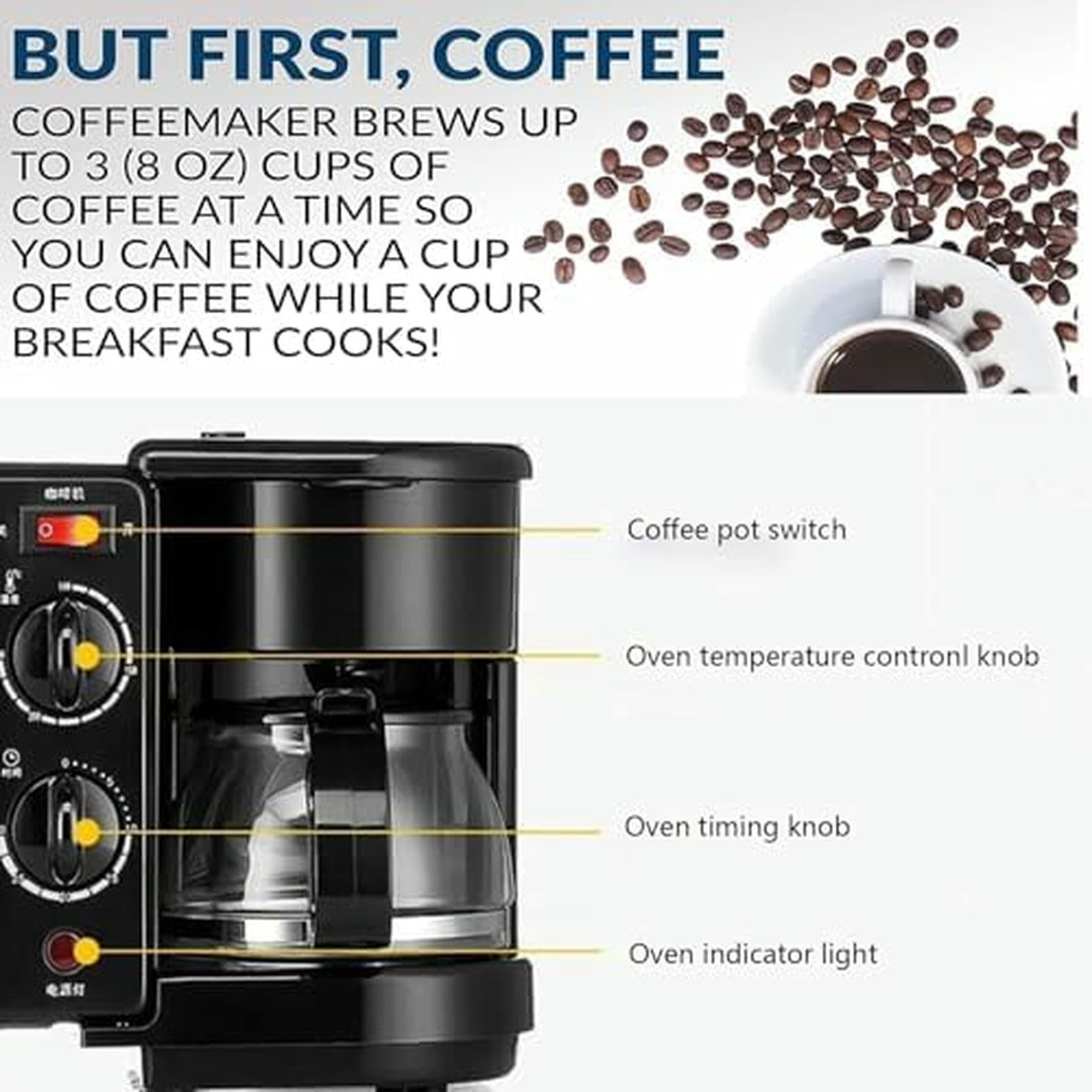 Macchina per La Colazione 3 in 1, con Macchina per Il caffè, Padella Antiaderente, Macchina per La Colazione Versatile, Tostapane con Timer da 30 Minuti