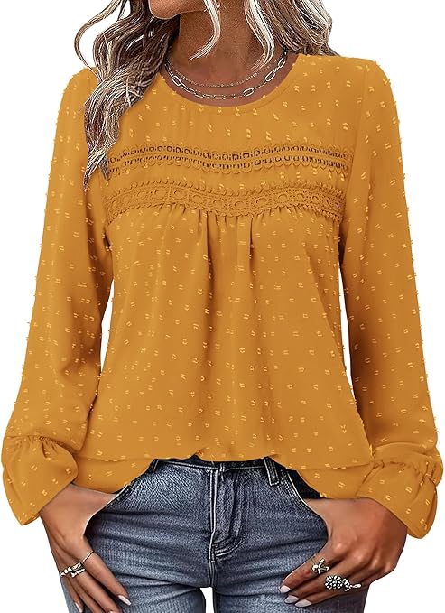 BETTE BOUTIK Womens Boho Fall Long Sleeve Shirts Crewneck Dressy Casual Blouses Trendy Flowy Tops