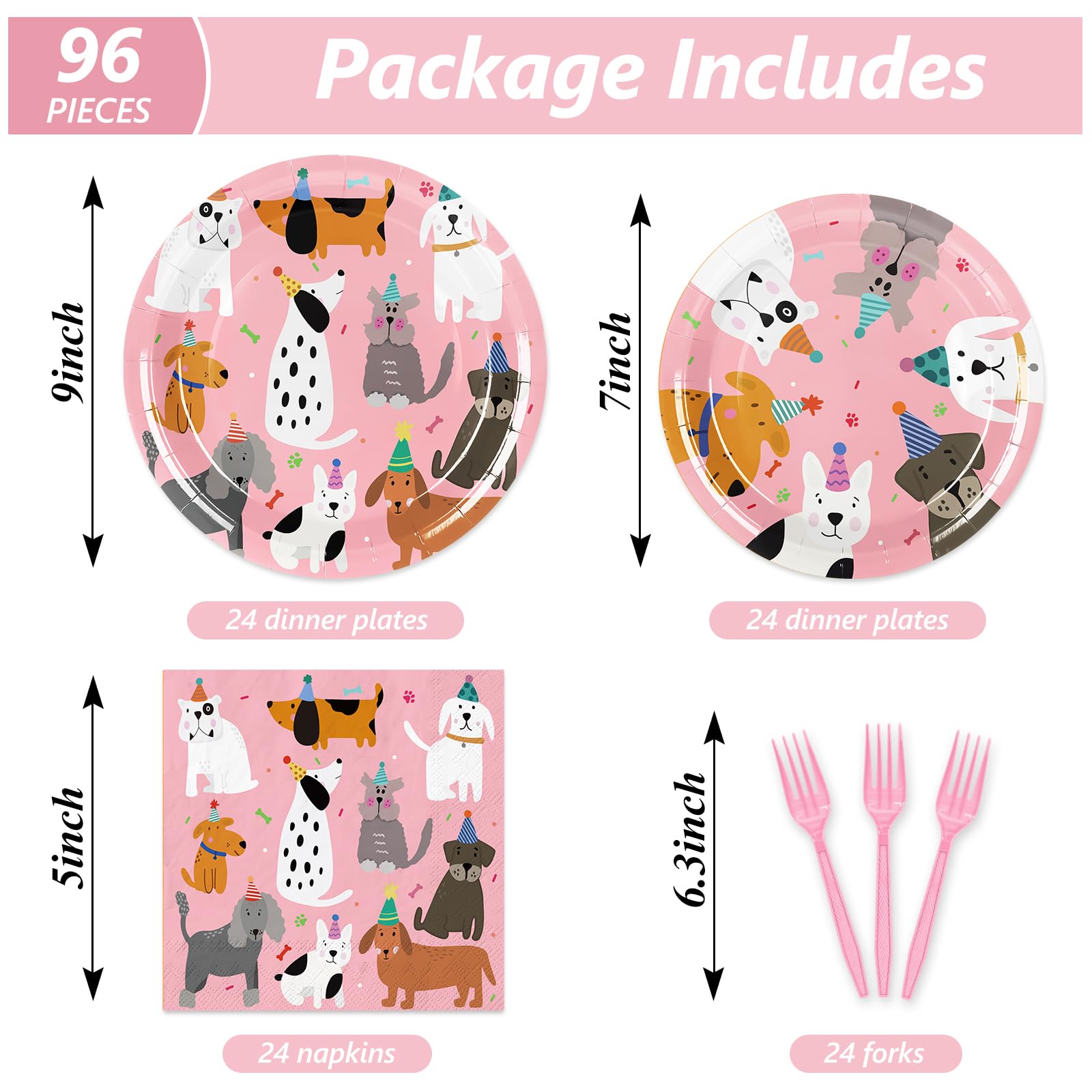 JarThenaAMCS 96Pcs Dog Birthday Party Supplies Disposable Dog Themed Tableware Include 24 Dinner Plates 24 Dessert Plates 24 Paper Napkins 24 Forks Pink Cartoon Dog Birthday Party Decor for 24 Guests