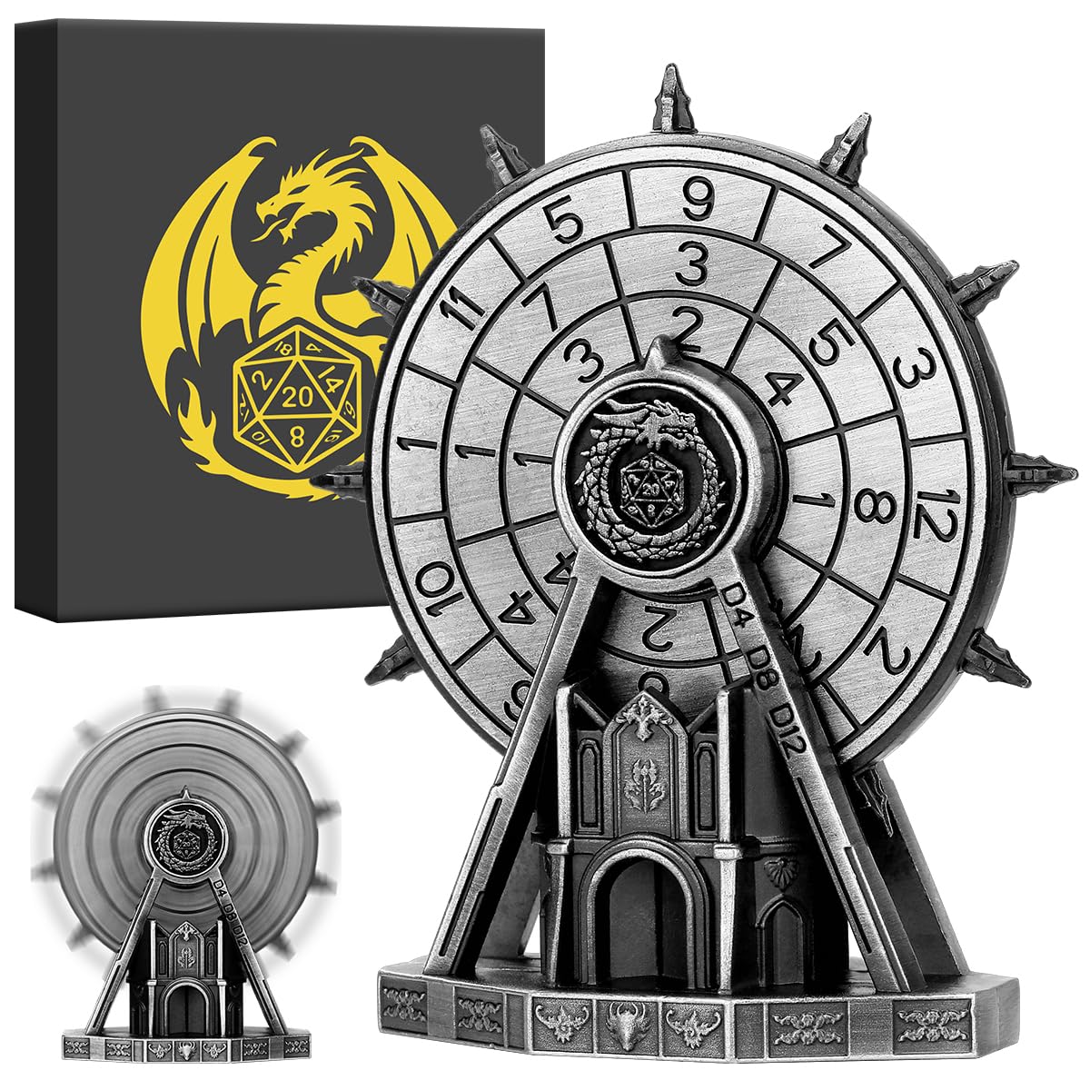 DND Ferris Wheel Dice Spinner, with D20 and Dragon Engravings, Unique Dice Games and Starter Set
