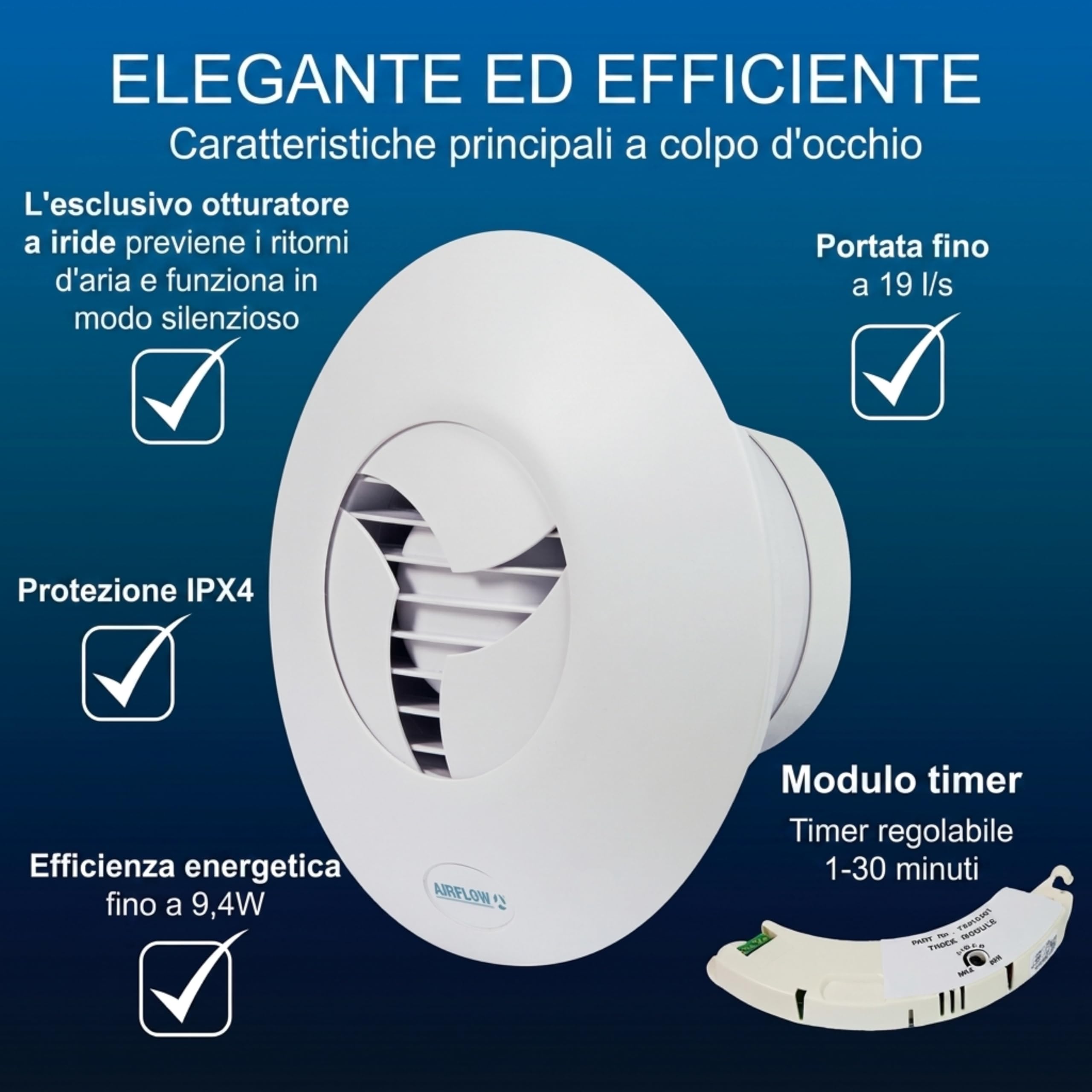 Airflow iCON 15 Aspiratore Bagno con Timer – Iris Brevettato, Auto-Apertura/Chiusura, 28,8dB, 19 l/s, 100mm, Timer 1–30 Min, En-Suite, Garanzia 3 Anni
