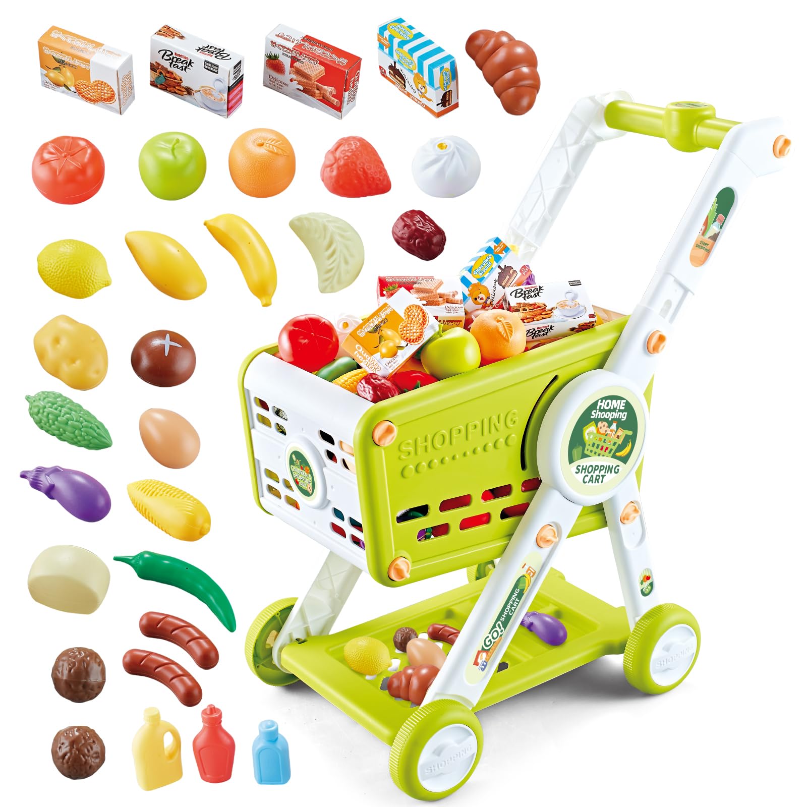 Chariot de Courses Enfant, 31Pièces Chariot de Supermarché Jouet avec Accessoires de Fruits Légumes Nourriture, Jeux de Rôle Caddie D'épicerie Magasin pour Garçons et Filles (Vert)