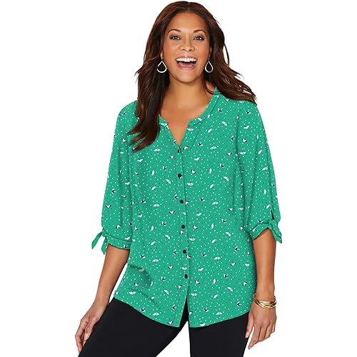 Catherines Women's Plus Size Georgette Buttonfront Tie Sleeve Cafe Blouse