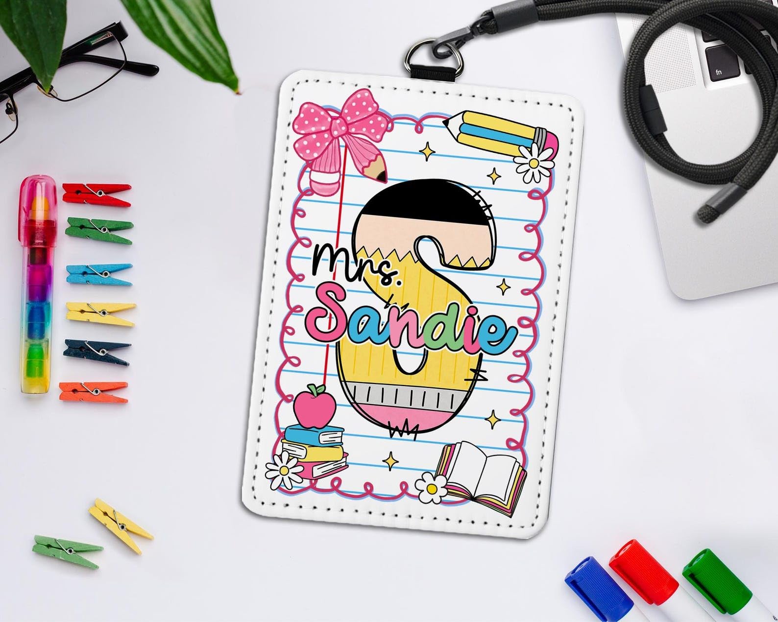 Custom Name Teacher Id Badge Holder with Lanyard, First Day of School Teacher Gifts, Pencil Bow Badge Holder for Teachers, Back to School Gift