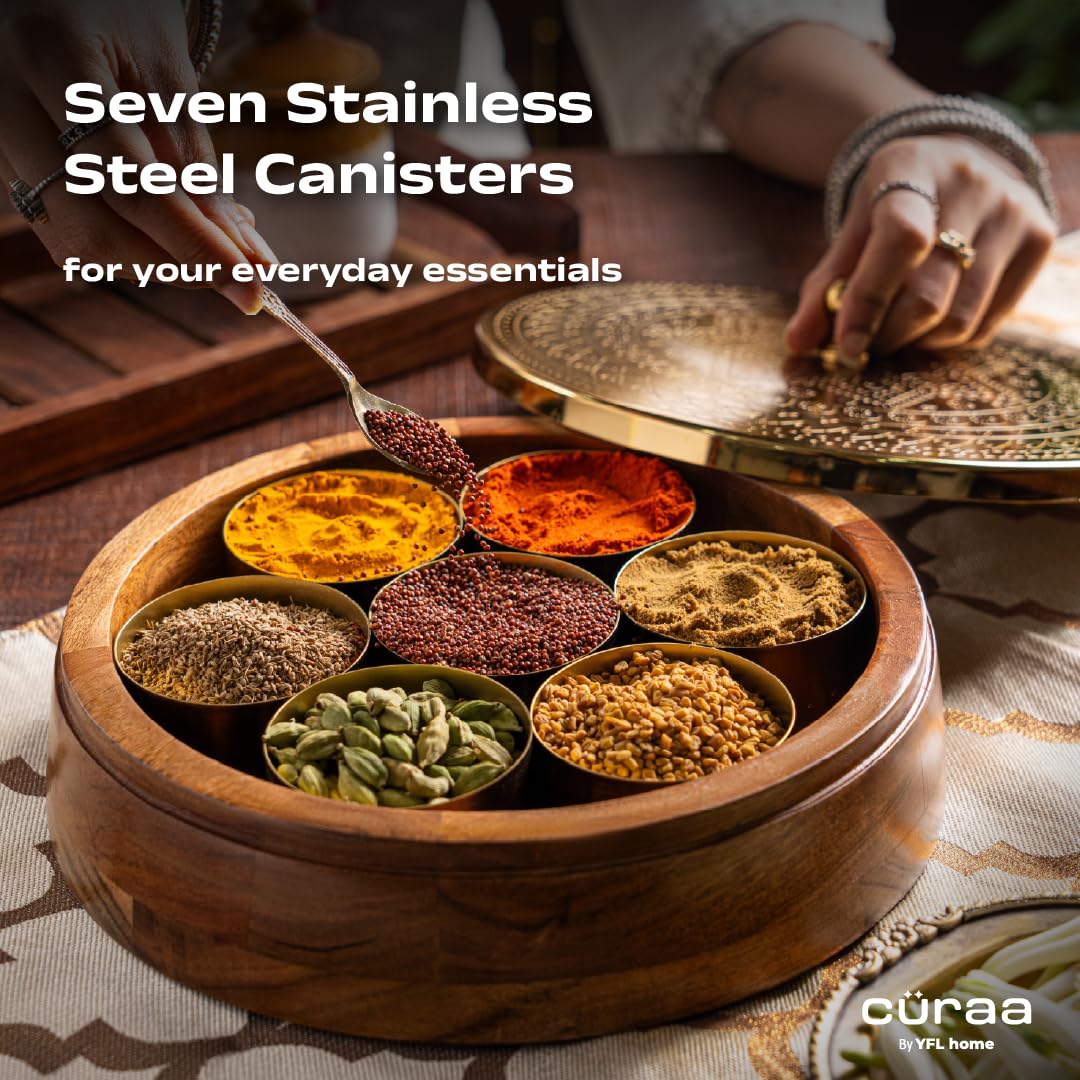 CÜRAA Masala Dani | Acacia Wood Masala Dabba by Chef Sanjyot Keer | Spice Box for Kitchen with 7 Detachable Containers & Spoon | 120ml Each | Gift for Home — Amazon image 3