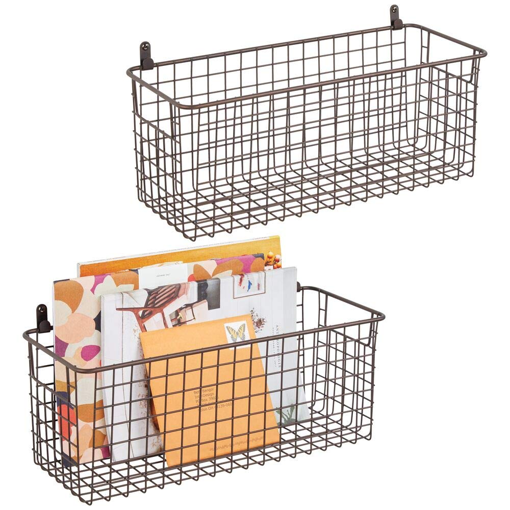 mDesign Set of 2 Hanging Storage Baskets – Medium Size Wall-Mounted Metal Wire Basket – Multi-Purpose Organiser Tray for Household Items – Bronze