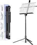 KraftGeek 66" Capsule Music Stand pour partitions, Portable et pliant Music Standing pour musiciens et joueurs d'instruments, Plateau de musique réglable avec clips de porte-page, Pas d'assemblage requis, Noir