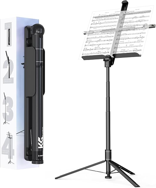 KraftGeek 66" Capsule Music Stand pour partitions, Portable et pliant Music Standing pour musiciens et joueurs d'instruments, Plateau de musique réglable avec clips de porte-page, Pas d'assemblage requis, Noir