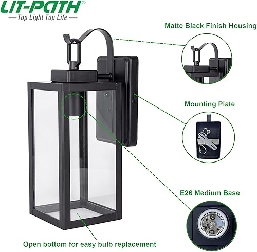 Miniatura 2 de LIT-PaTH Farol de pared para exteriores, aplique de pared como accesorio de iluminación de porche con una base E26 máximo de 60 W, carcasa de metal