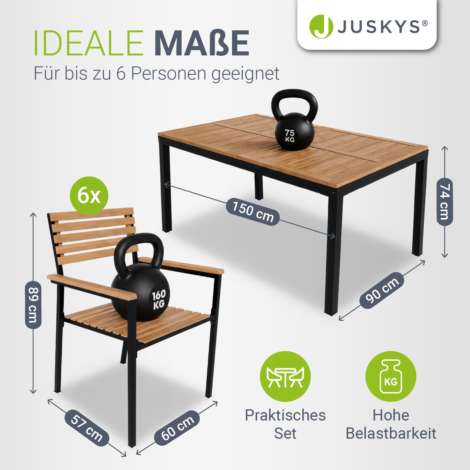 Juskys® Akazienholz Gartengarnitur Rhodos | Tisch, 6 Stühle & Sitzkissen | Holz Gartenmöbel Set 7-teilig | Sitzgruppe mit Stahlgestell für Garten, Terrasse oder Balkon | Natur & Schwarz