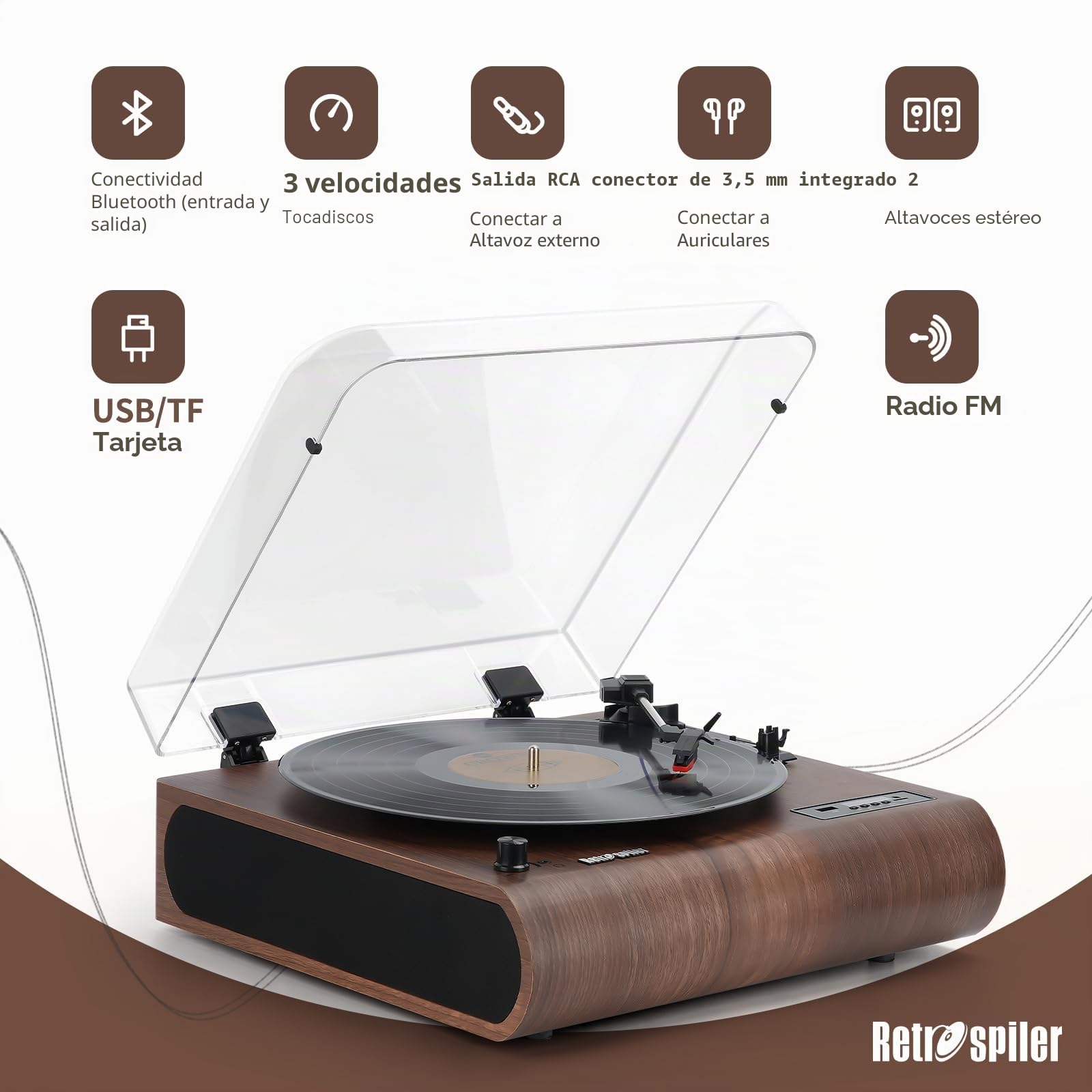 Reproductor de discos, tocadiscos Bluetooth de 3 velocidades con altavoces integrados, radio FM, codificación Vinyl-MP3, reproducción USB y SD, pantalla LED, lector de LP retro de madera