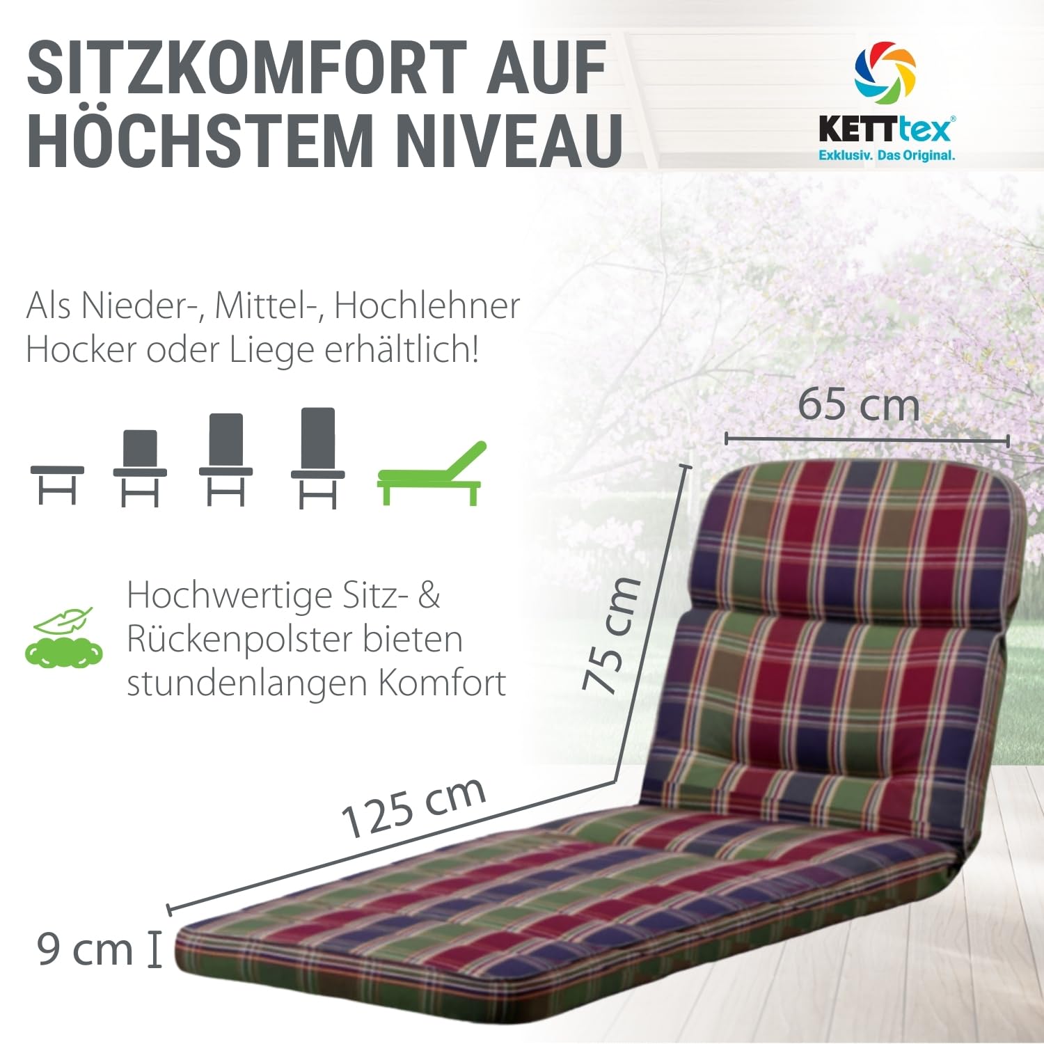 Auflage Rollliege rot-blau-grün kariert I Gartenliege Polster 200x65x9cm I hochwertige & pflegeleichte Liegenauflage I wetter- & formbeständige Liegen-Auflage I KTH3 Liegestuhlauflage