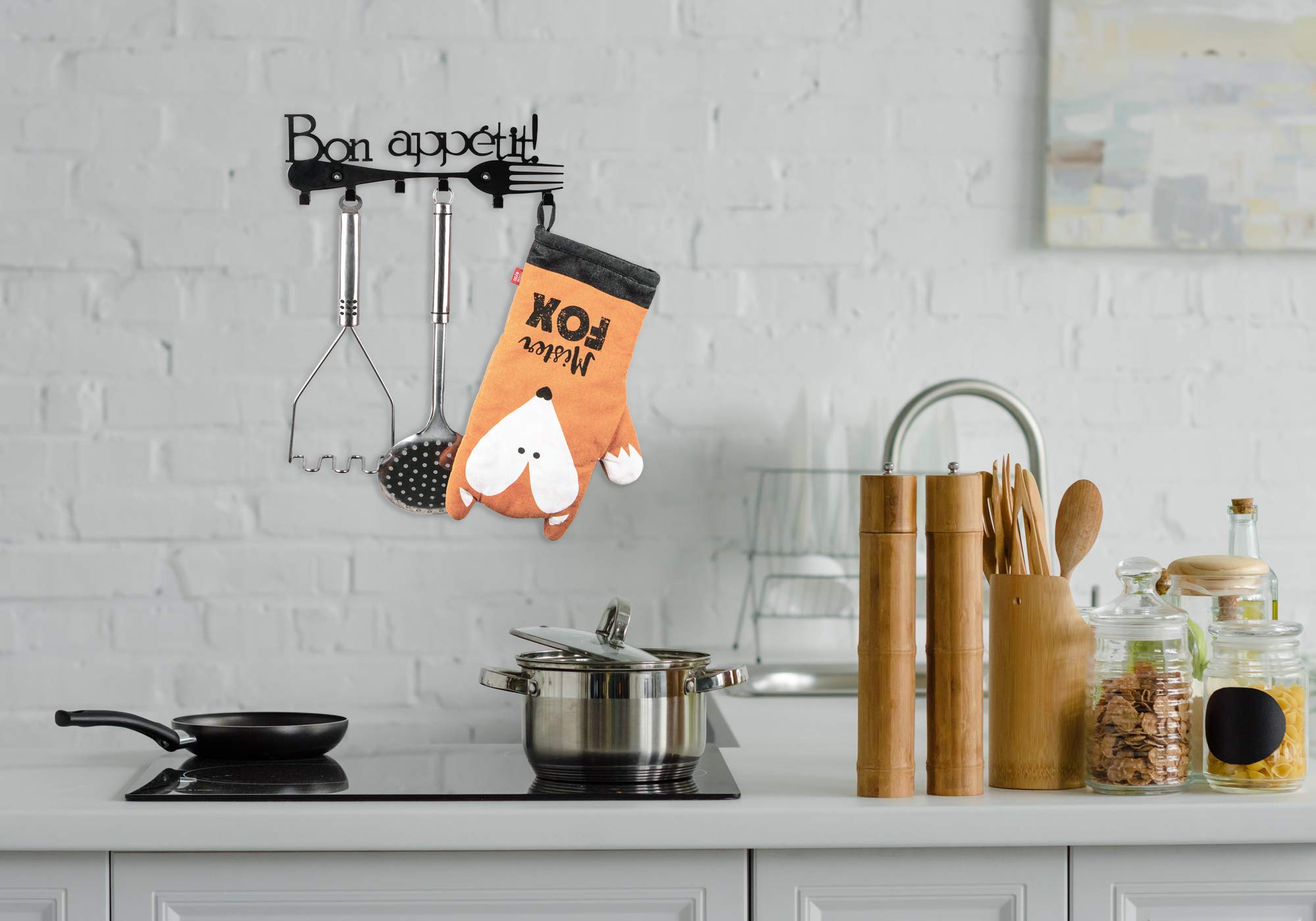 Portachiavi, porta strofinacci da cucina con ganci, supporto organizer da parete Bon Appetit Black