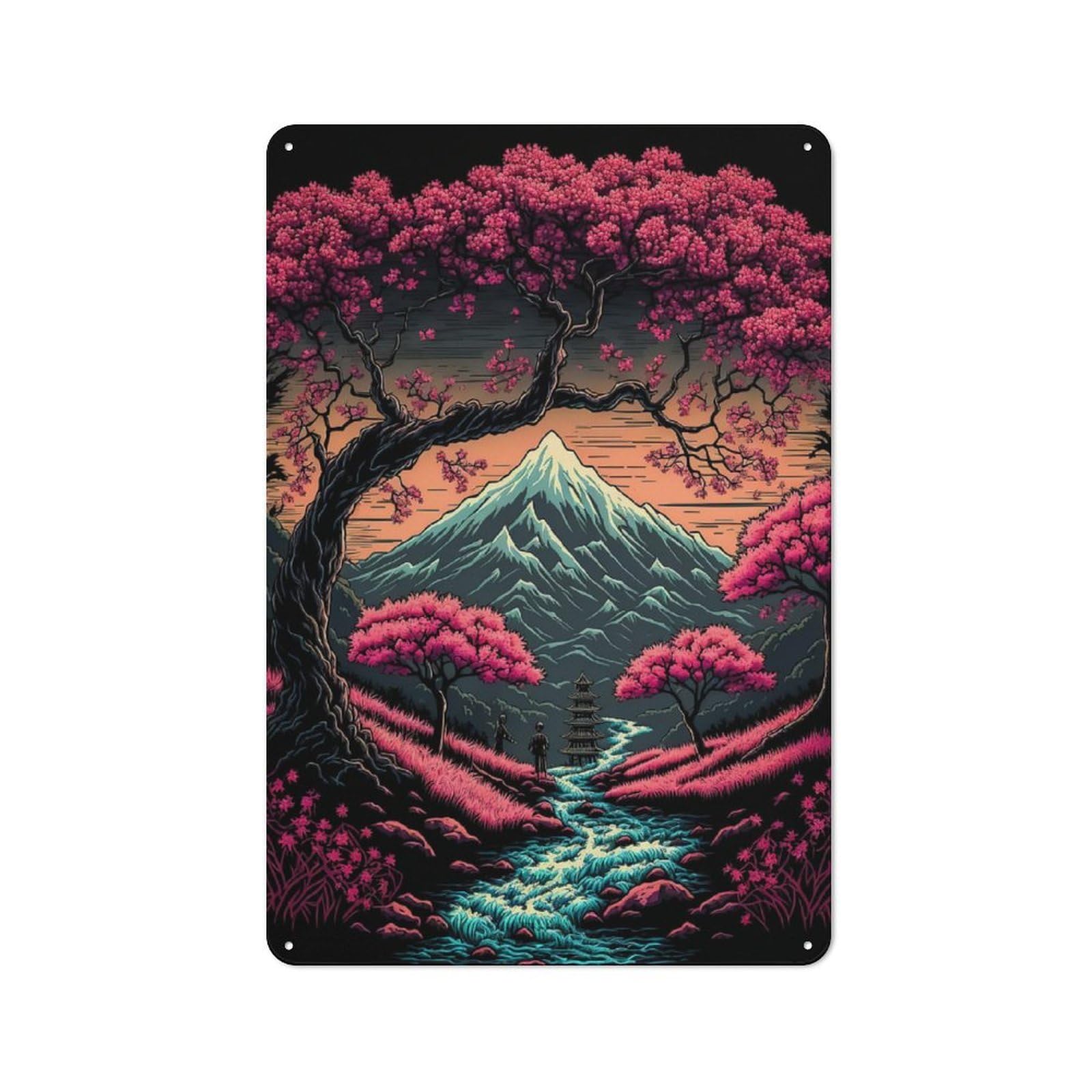 Junmoney Style-3 Vintage Metal Plaque 30X20cm Featuring Cherry Blossom Japan Magi For Hallway Wall, For Wall Display Collectors