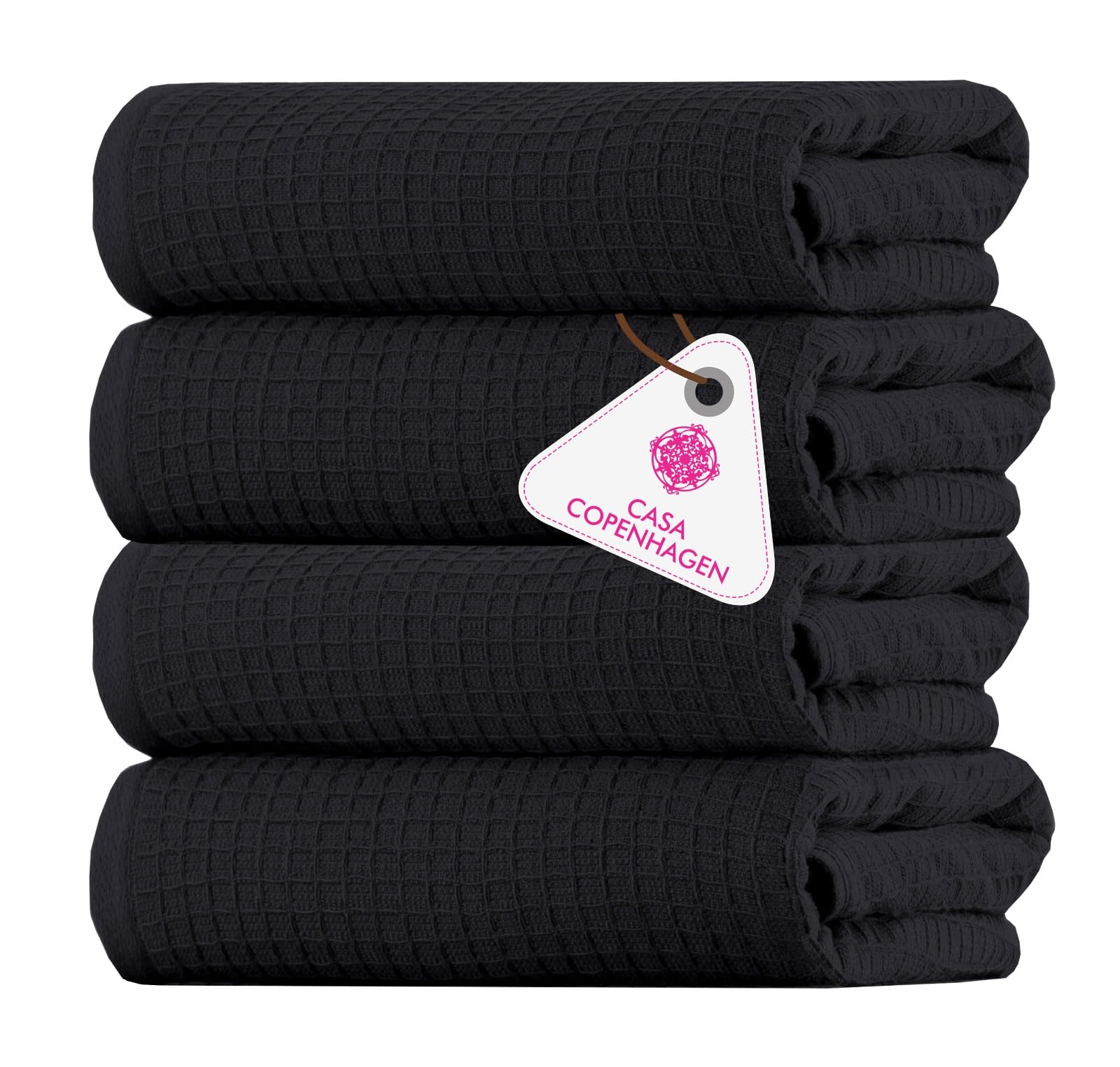 CASA COPENHAGEN Waffle 4-piece bath towel set – Black, 70x140 cm, Egyptian cotton, designed in Denmark, for bathroom, kitchen & shower