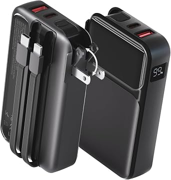 Portable Charger with Wall Plug, 20000mAh Power Bank 22.5W Fast Charging, Built-in Lightning & USB-C Cables, Plug in Portable Charger for Android Samsung iPhone, 4-in-1 Travel Charger