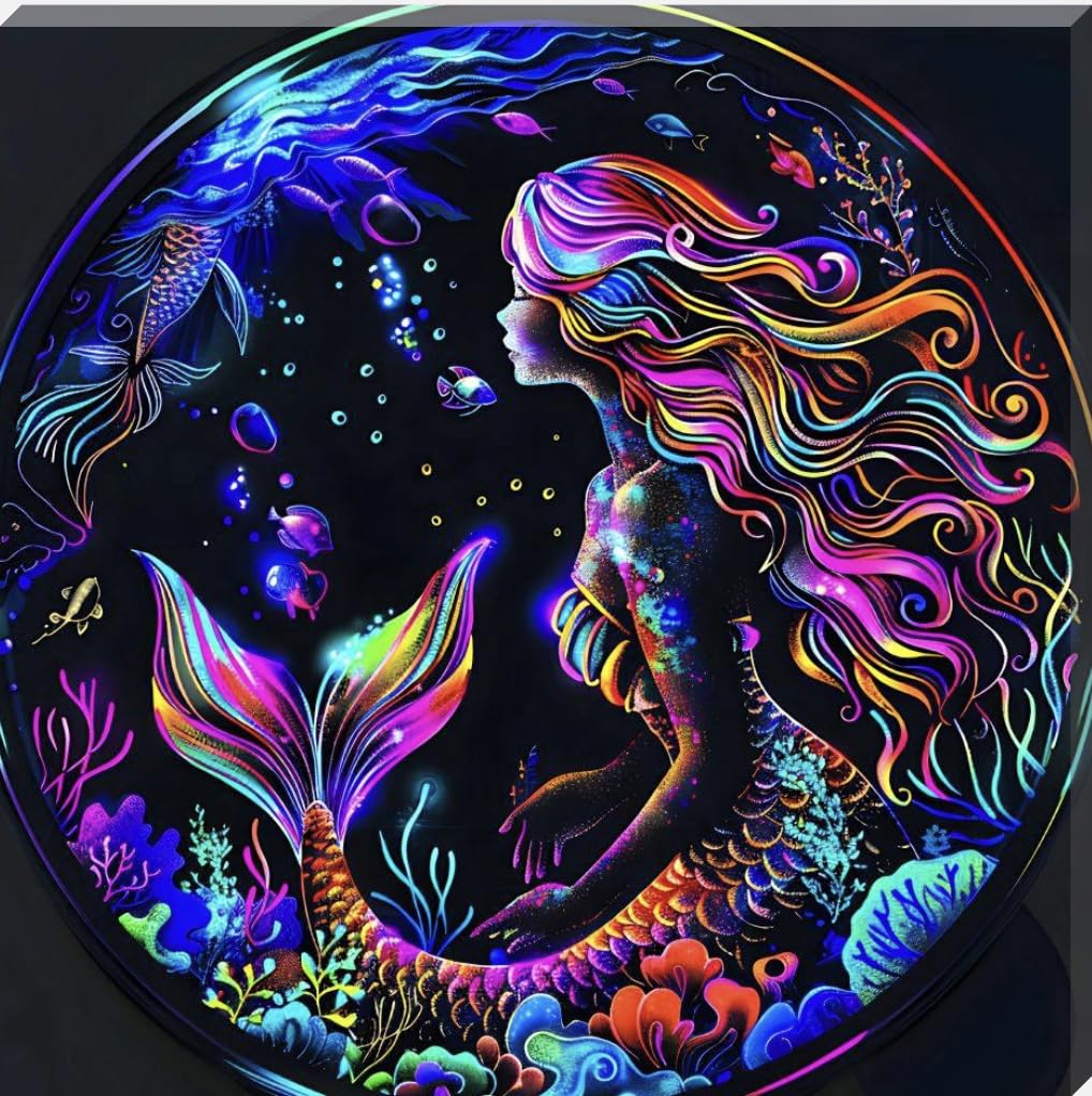 Neon Mermaid In A Bubble Canvas Wall Art Picture (10” x 10”)