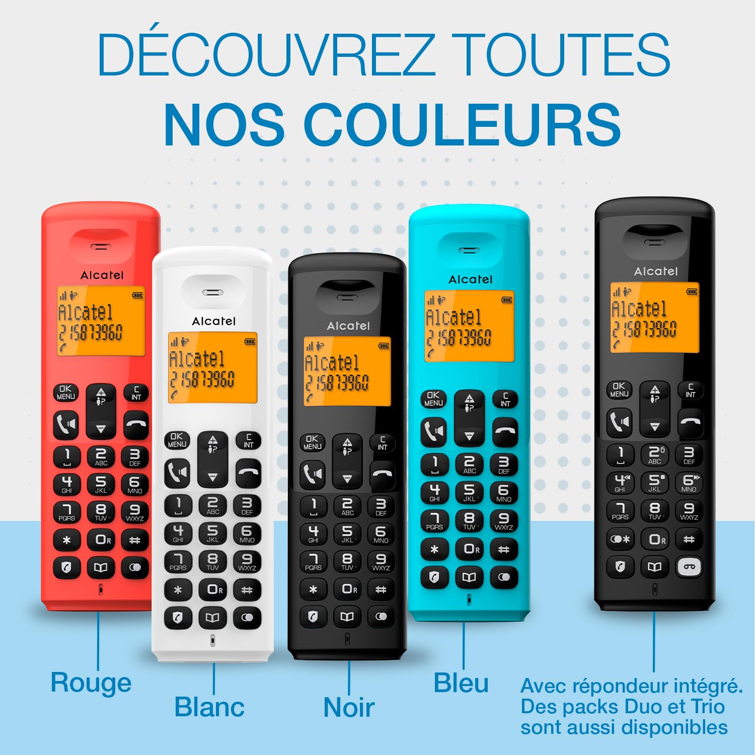 ALCATEL E260 Téléphone Fixe sans Fil DECT Grand Écran Rétroéclairé Mains Libres Blocage Appels Indésirables Bleu