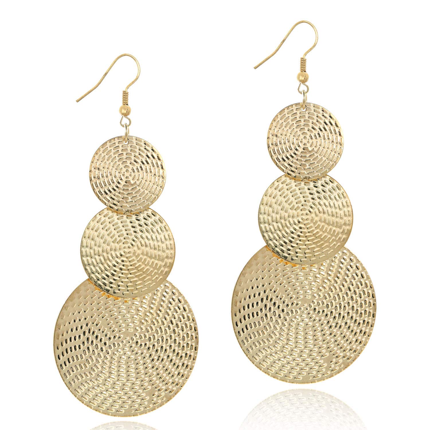 KaFu Lightweight Bohemia Geometric 14K Gold Round Disc Triple Long Earrings Dangle Drop Filigree Carved Statement Earring for Women Girls
