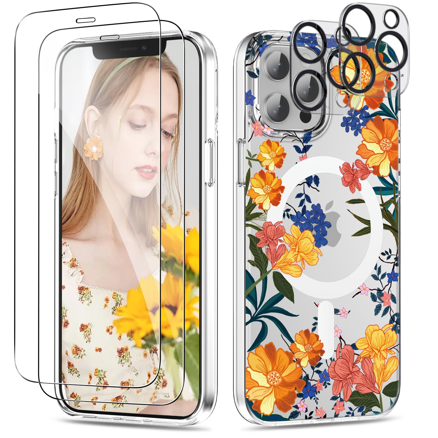 R-funfor iPhone 15 Pro Max case, Compatible with MagSafe, with 2x Screen Protector + 2x Camera Lens Protector，[Anti-Yellowing] Clear Floral Slim Protective Case for 15 Pro Max 6.7 inch -Freesia