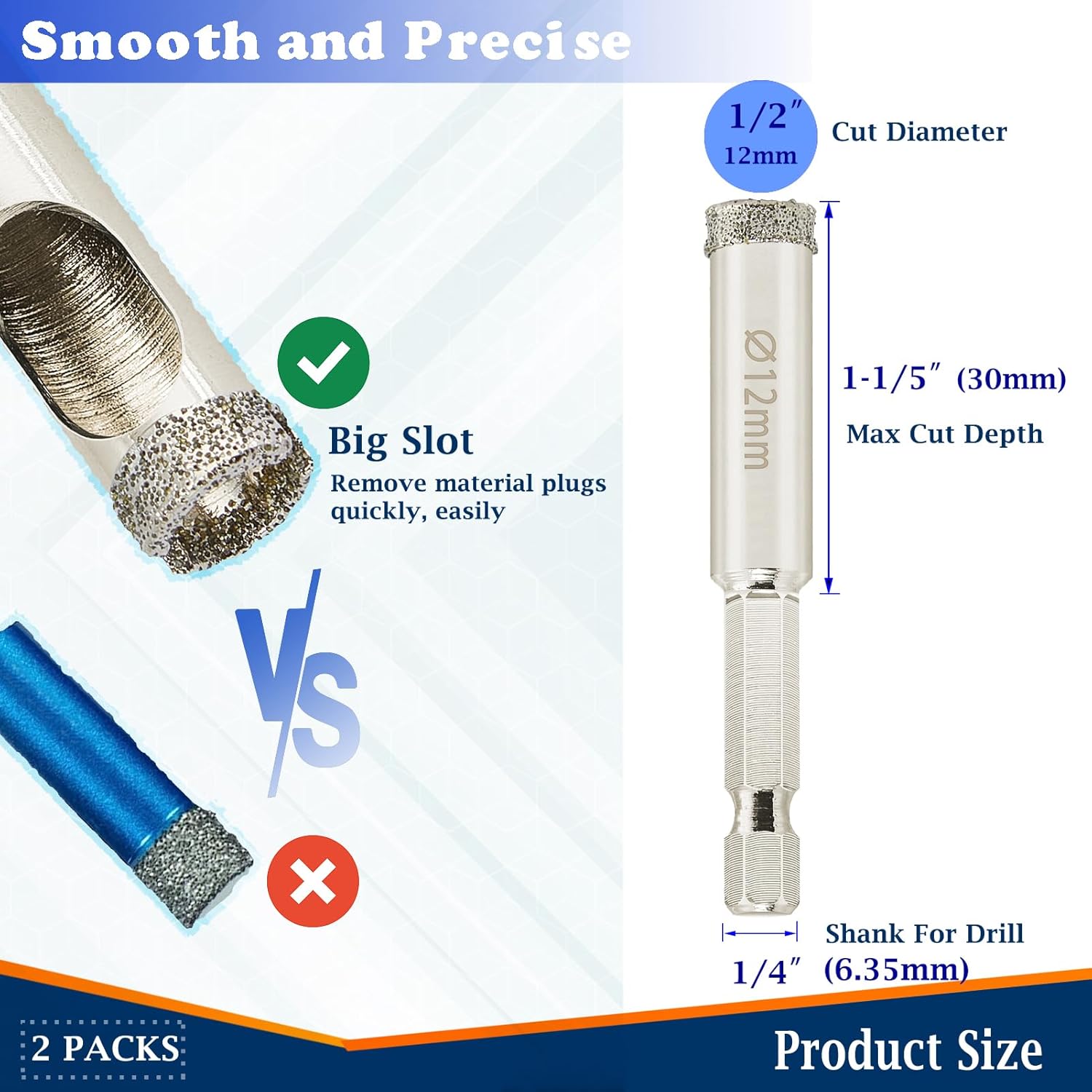 1/2 inch Diamond Hole Saw, Wet Use, 1/2" Tile Hole Saw for Porcelain Tile Glass Granite Ceramic Marble Stone,12mm Drill bits x 2 Pack, Small (1/4" hex Shank)