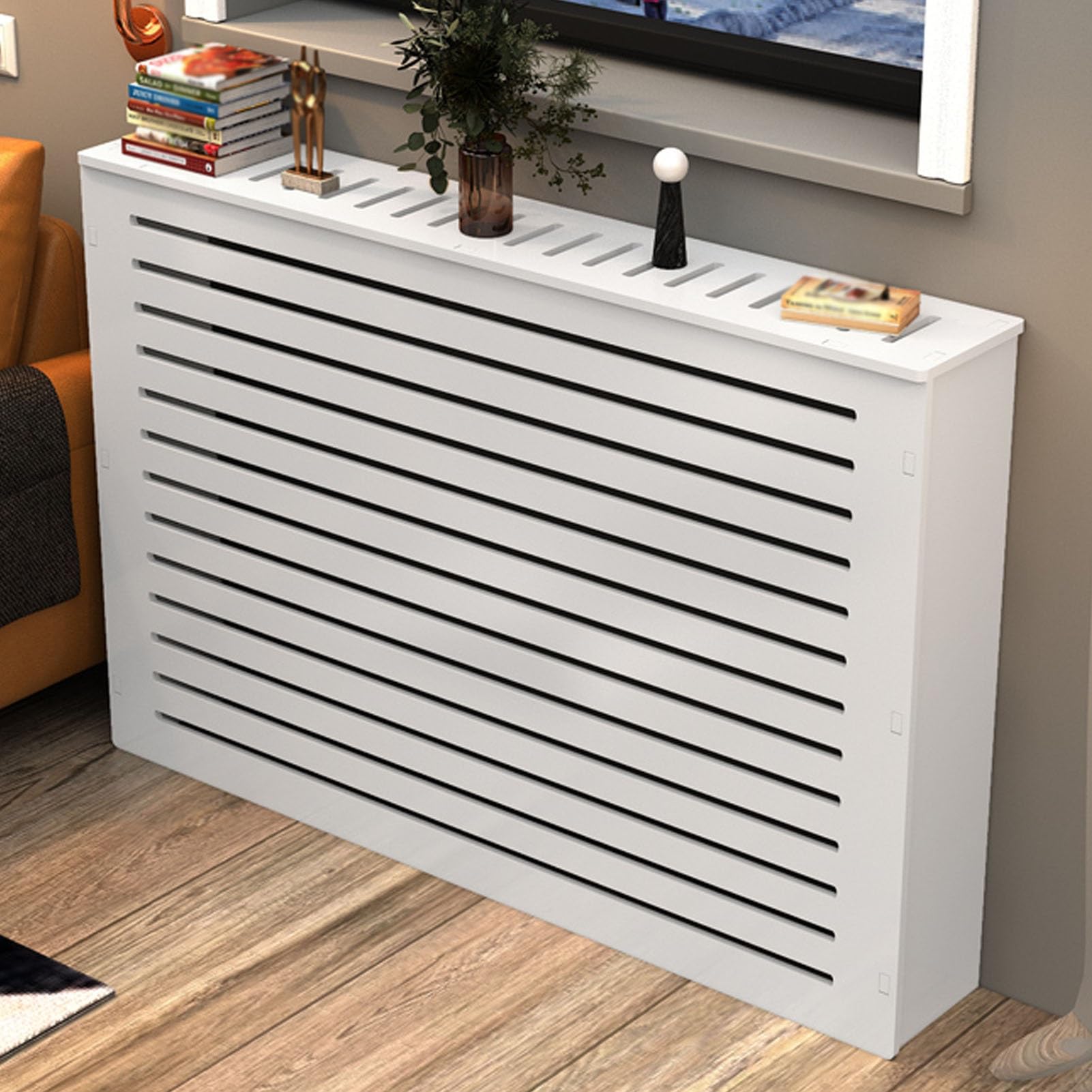 Cubierta para radiador de MDF blanco con diseño moderno horizontal de 90x100x25cm