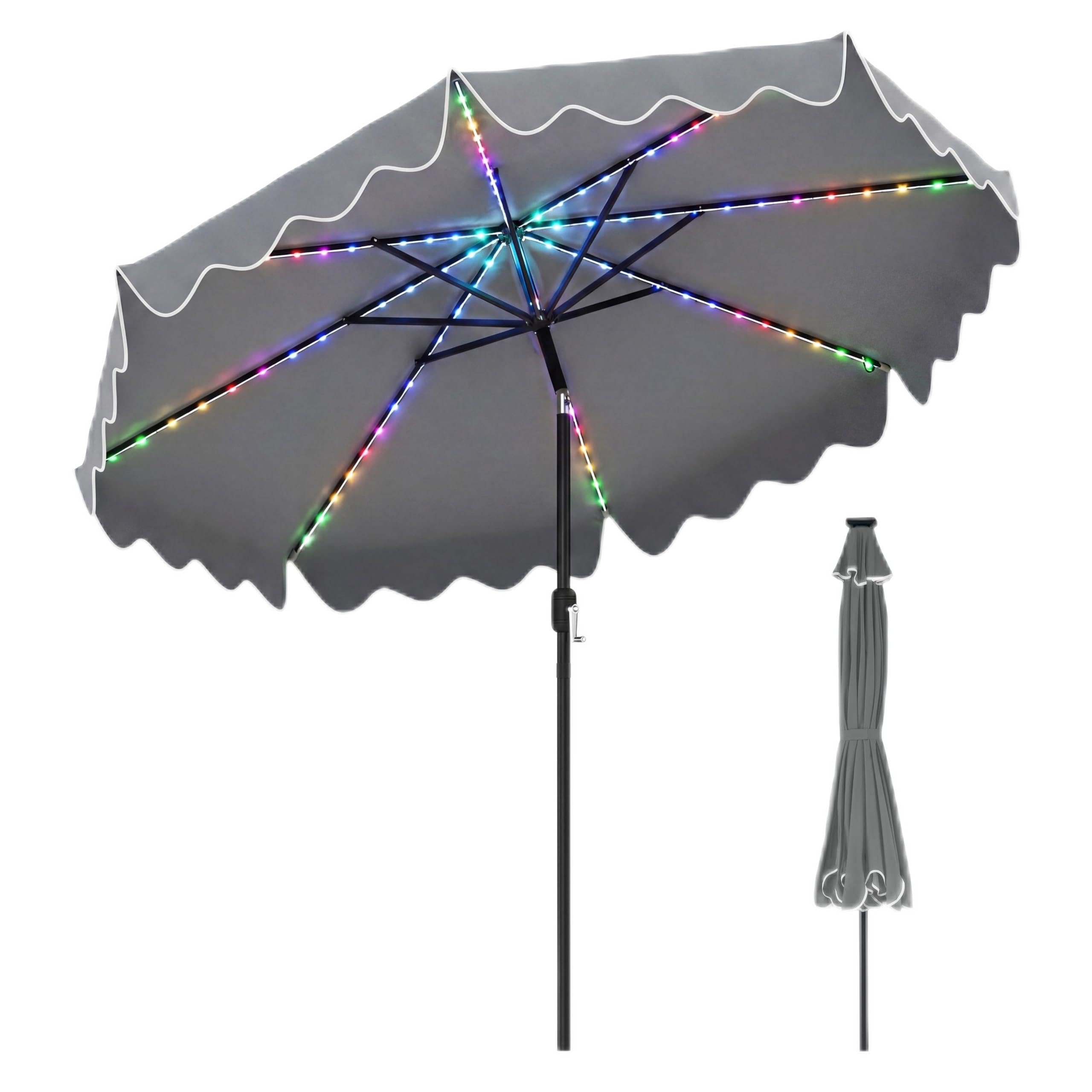 RELAX4LIFE Parasol de Jardin Exterieur 2,8m avec LED, Parasol Inclinable 30°&Démontable avec 12 Modes Éclairage, 2 Modes Charge, Manivelle Lisse, 8 Baleines&Bords à Volants, Terrasse&Piscine (Gris)