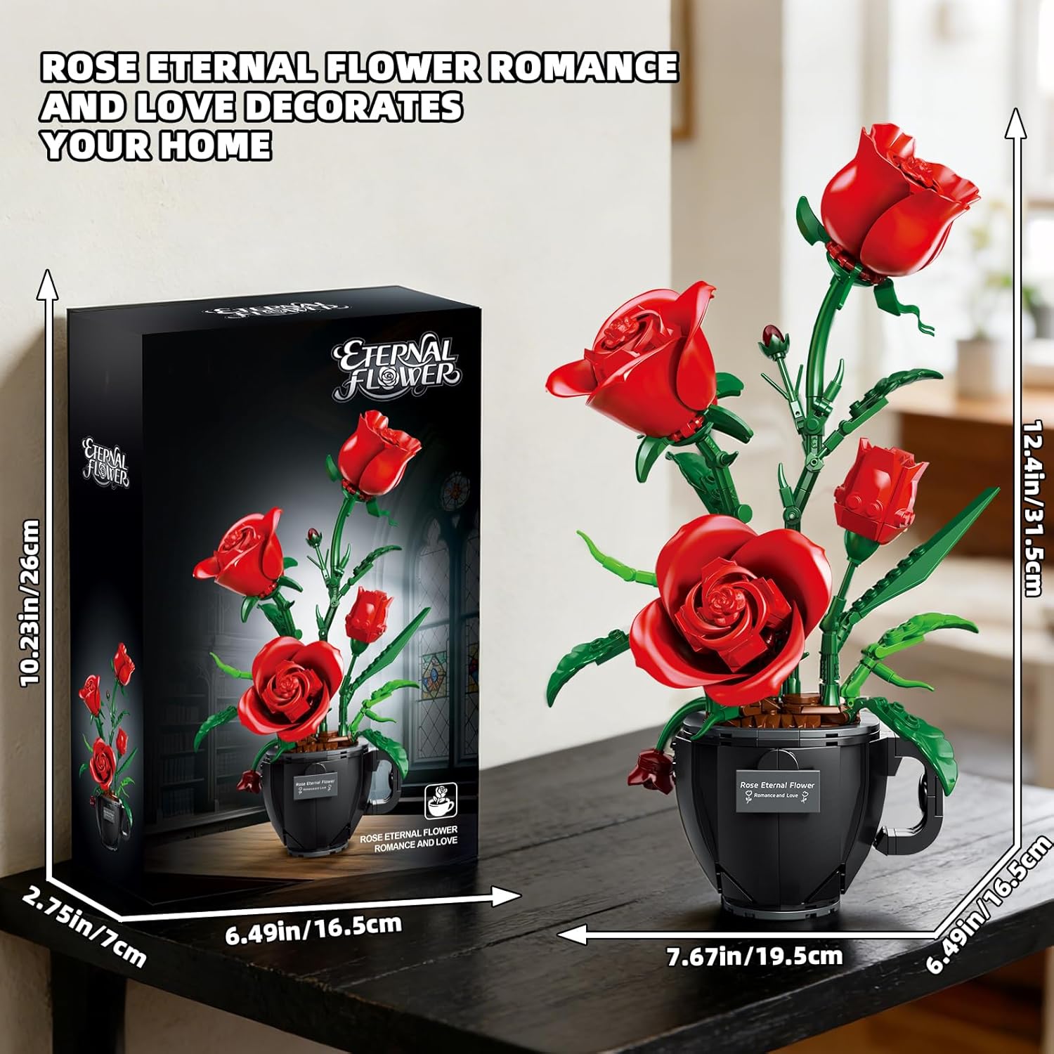 Red Roses Building Blocks Set with Vase for Adults Ages 14+, Flowers Bouquet Kit Compatible with Lego Botanicals, Home Desk Decoration for Birthday Gift(450 Pcs)