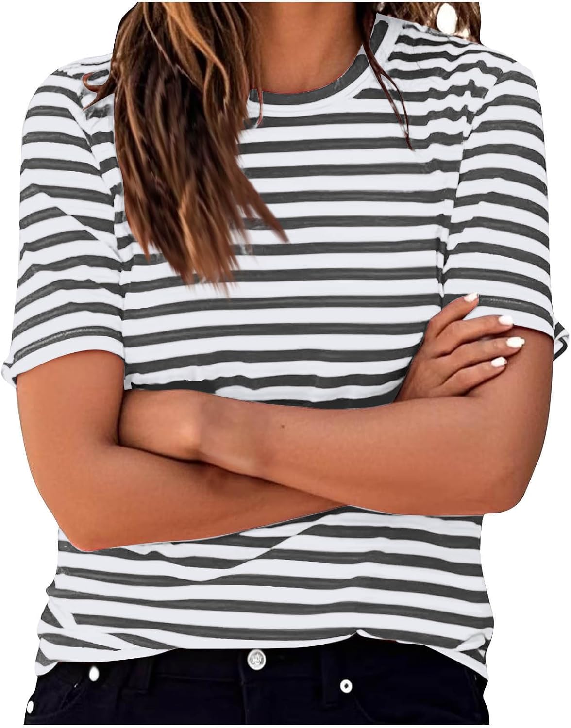 Women's Striped T Shirts Oversized Crewneck Short Sleeve Tops Summer Dressy Casual Blouse Color Block Basic Tees
