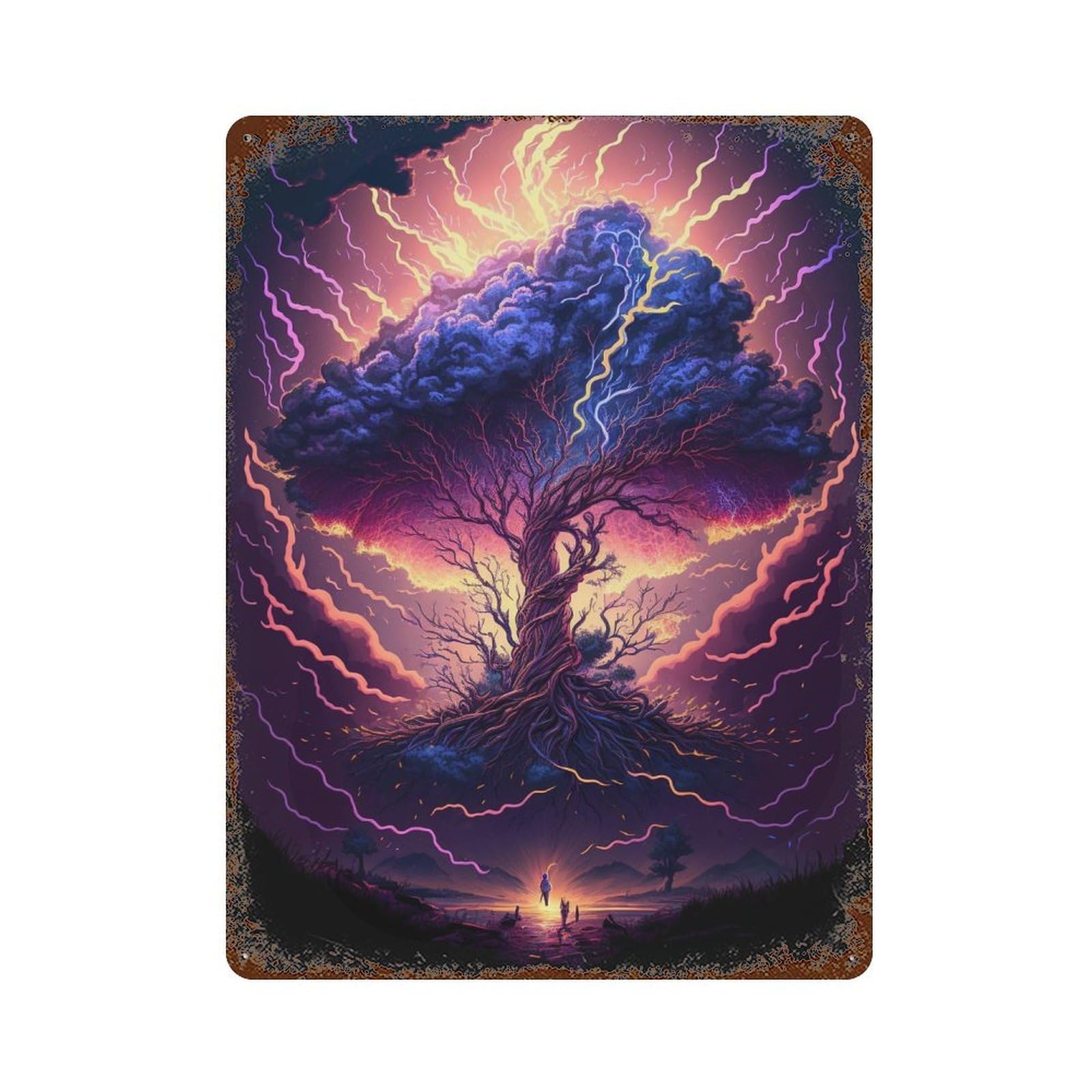 Retro Metal Sign with Enchanted Tree of Lightning -1 Design 15.7"x11.8", for Shed, Workshop And Garage Wall Decor, Old School Wall Decor