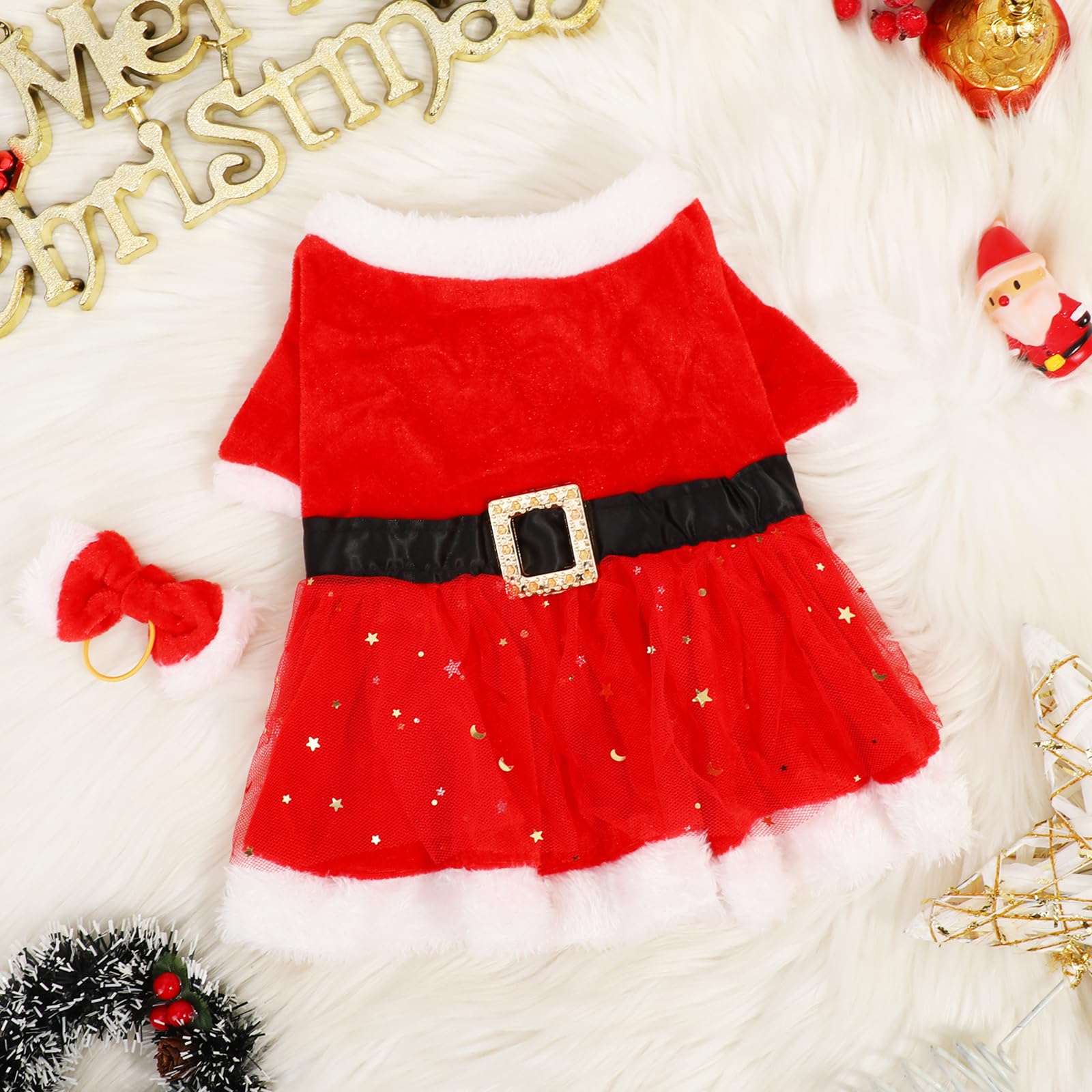 Cute Pet Christmas Costume, Girl Dog Red Holiday Dress with Bow Hairband - Image 4