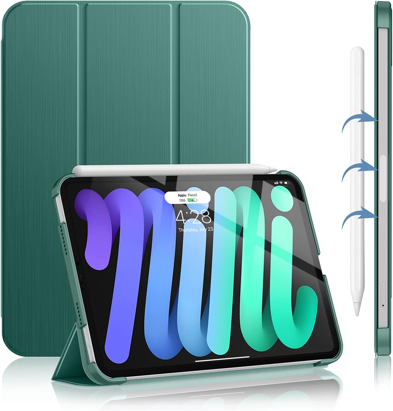 Soke New iPad Mini 6 Case 2021 - [Slim Trifold Stand + 2nd Gen Apple Pencil Charging + Smart Auto Wake/Sleep], Premium Protective Hard PC Back Cover for iPad Mini 6th Generation 8.3inch(MidnightGreen)