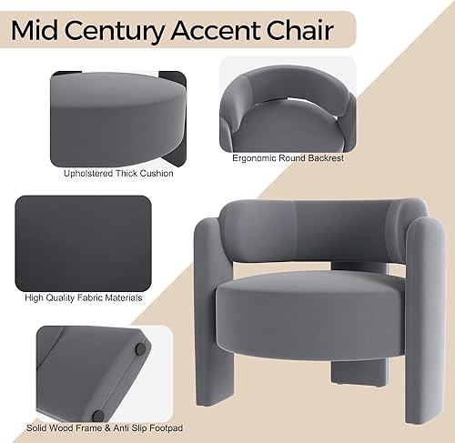 Miniatura 4 de NOBPEINT Silla de barril de acento moderna de mediados de siglo, sillón redondo tapizado para ocio con respaldo abierto, para sala de estar,