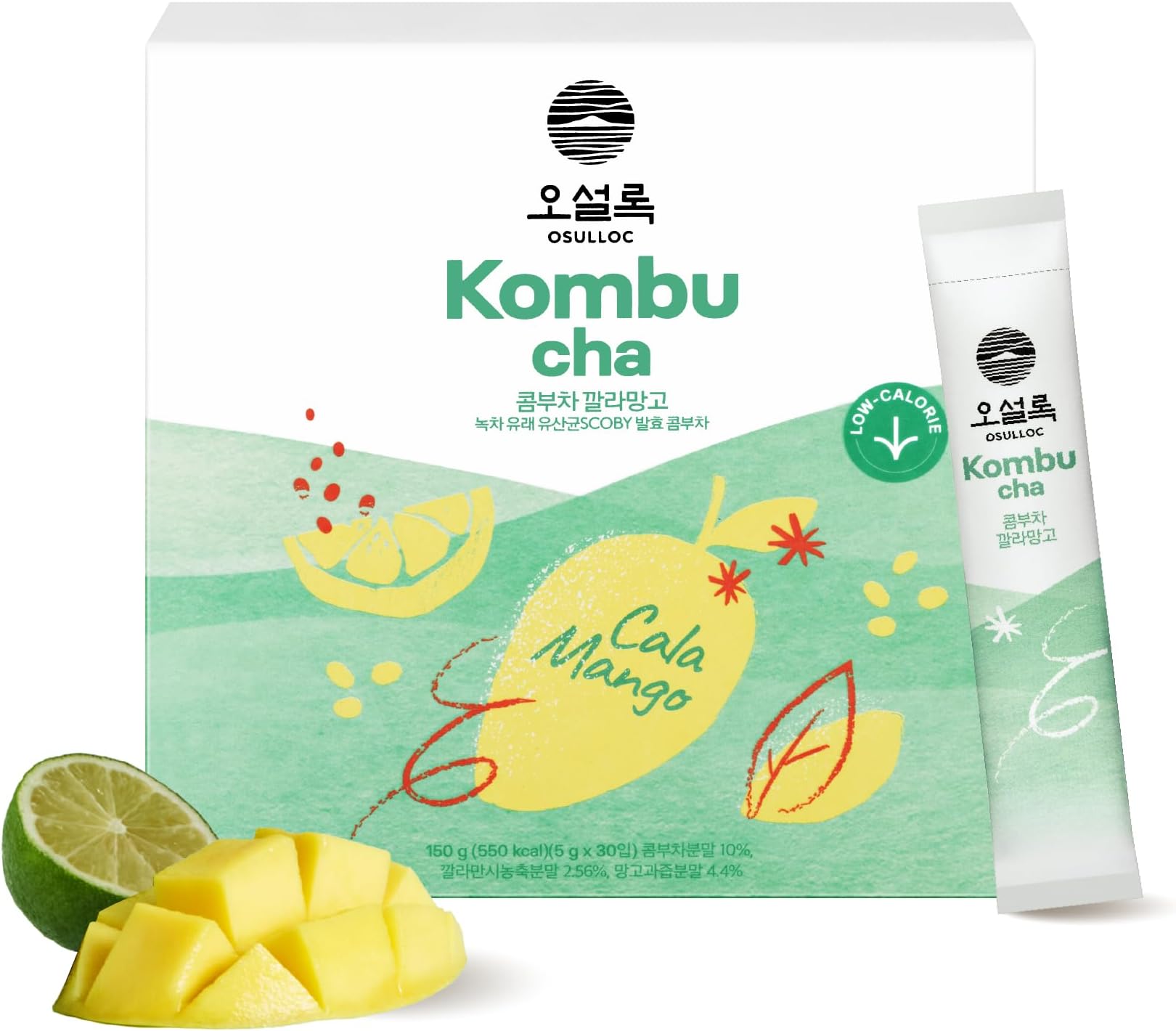 Osulloc Kombucha Tea Calamango (Calamansi & Mango Blending), Bubbly Powder Blended Drink, No Added Sugar, 30 Sticks, 150 ml