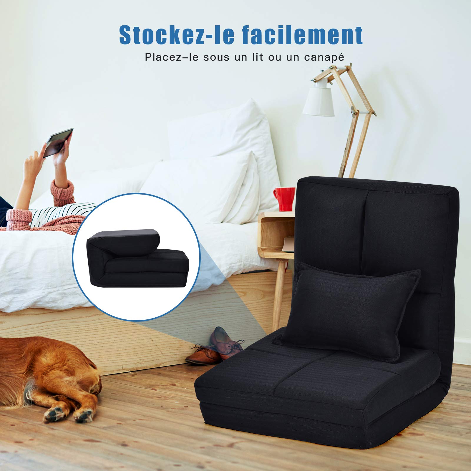 COSTWAY Chauffeuse 1 Place Adulte，Fauteuil Relax de Sol avec Oreiller, Chaise de Sol Pliable avec Dossier Réglable sur 5 Niveaux, Canapé Paresseux pour Lecture, Méditation, Charge 100KG (Noir)